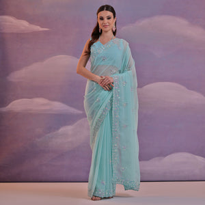 Blue Floral Sequins Embroidered Saree