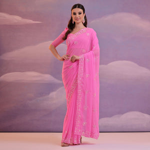 Pink Floral Sequins Embroidered Saree