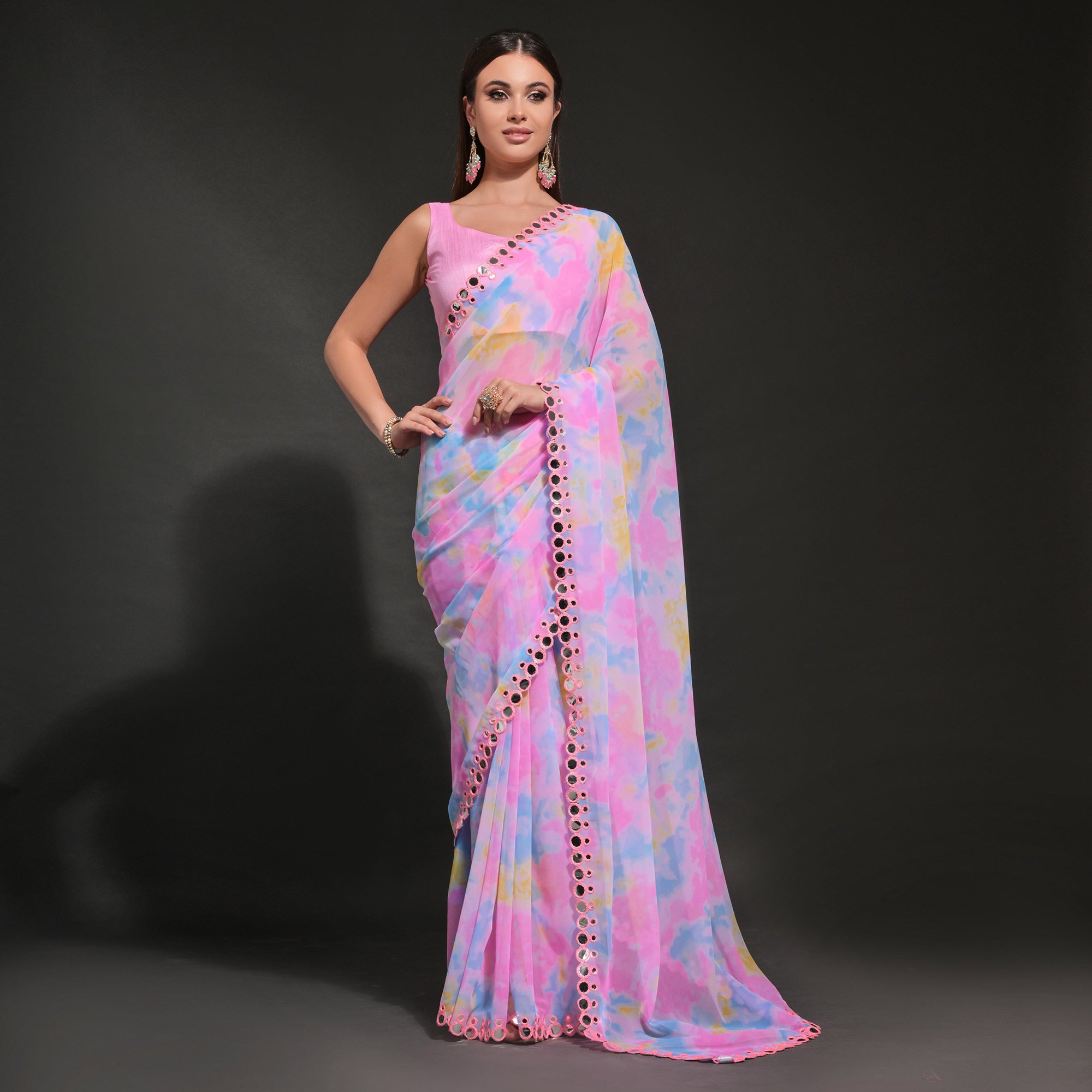 Pink Printed Georgette Saree With Embroidered Saree