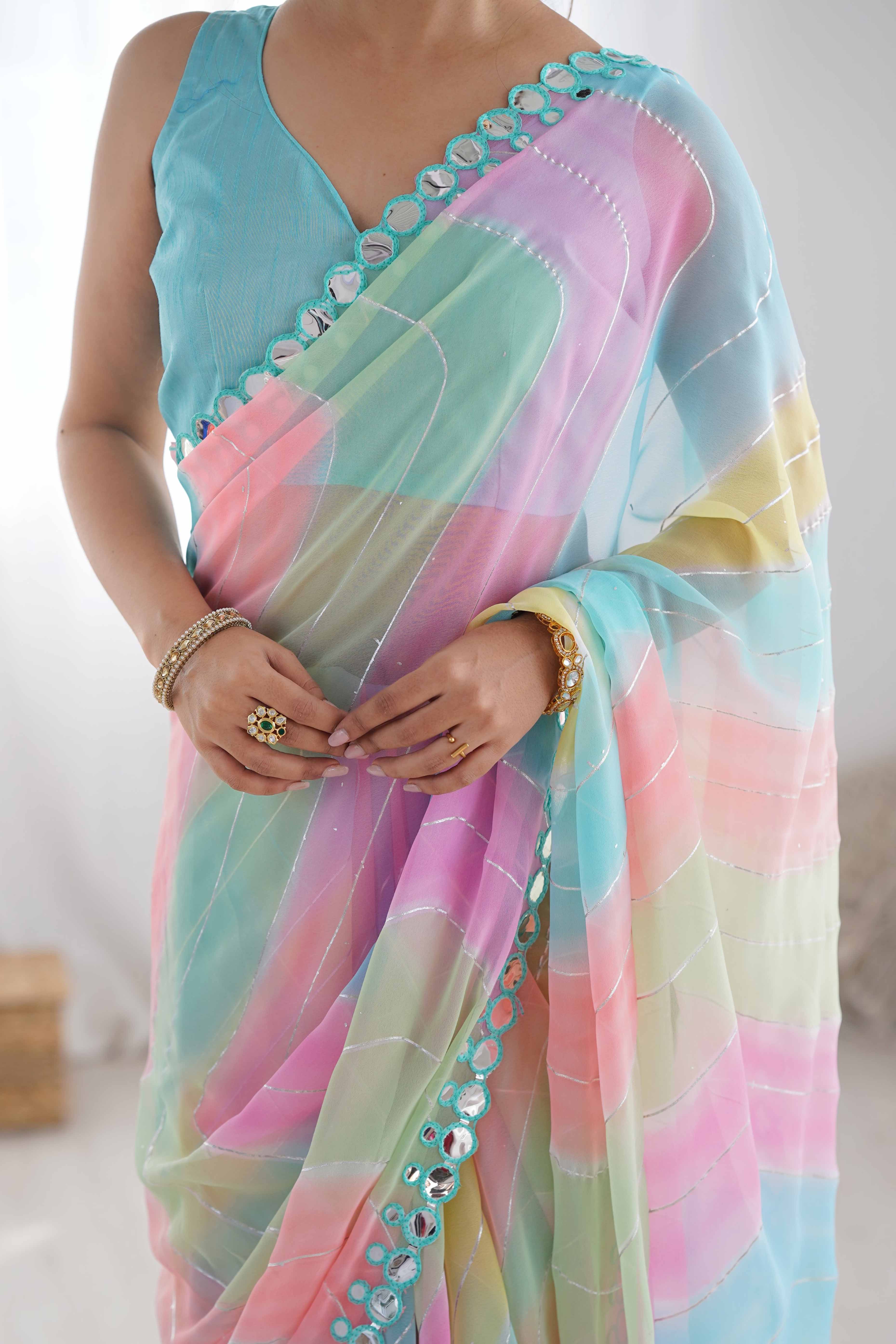 Multicolor Mirror Work Embroidered Georgette Saree