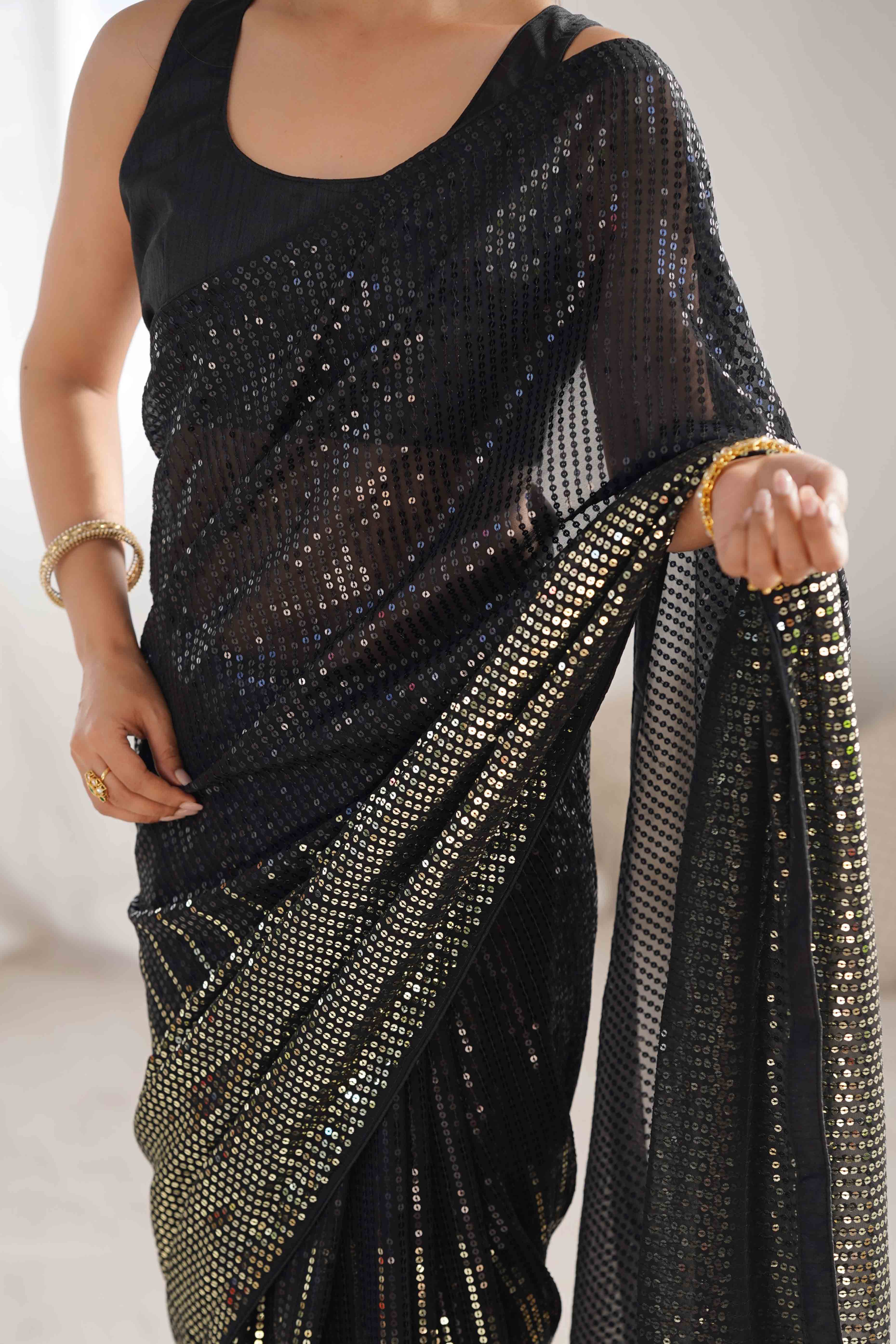Black Sequins Embroidered Georgette Saree