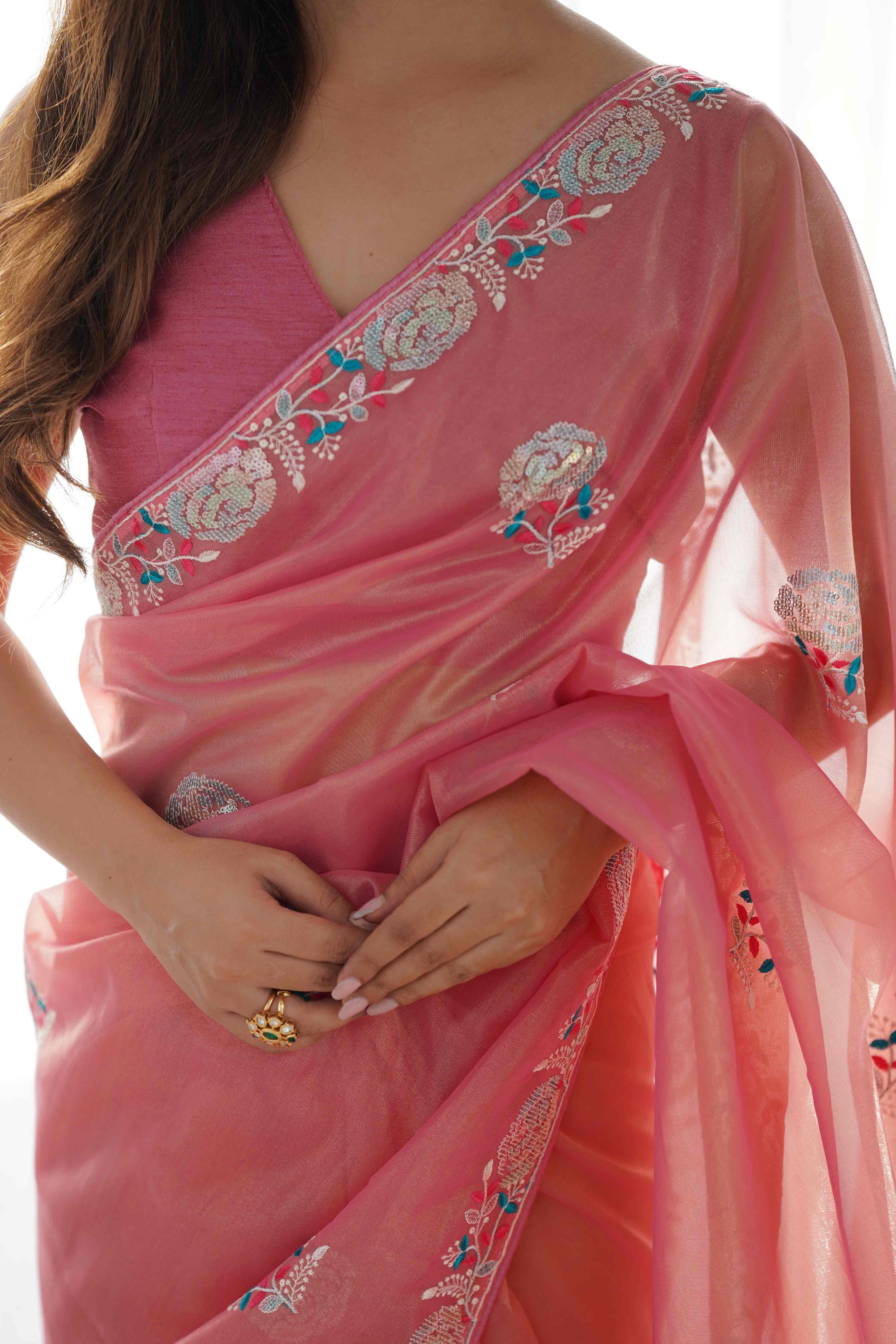 Peach Floral Embroidered Net Saree