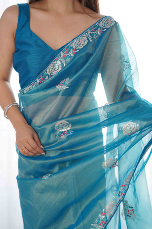 Dusty Teal Floral Embroidered Net Saree