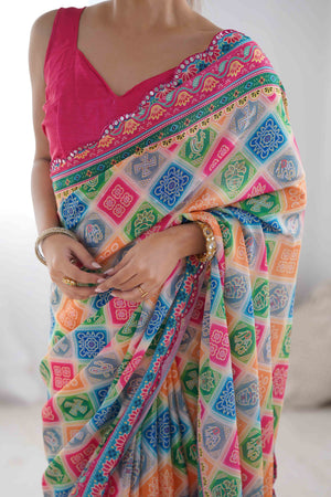 Multicolor Bandhani Printed Chinon Saree
