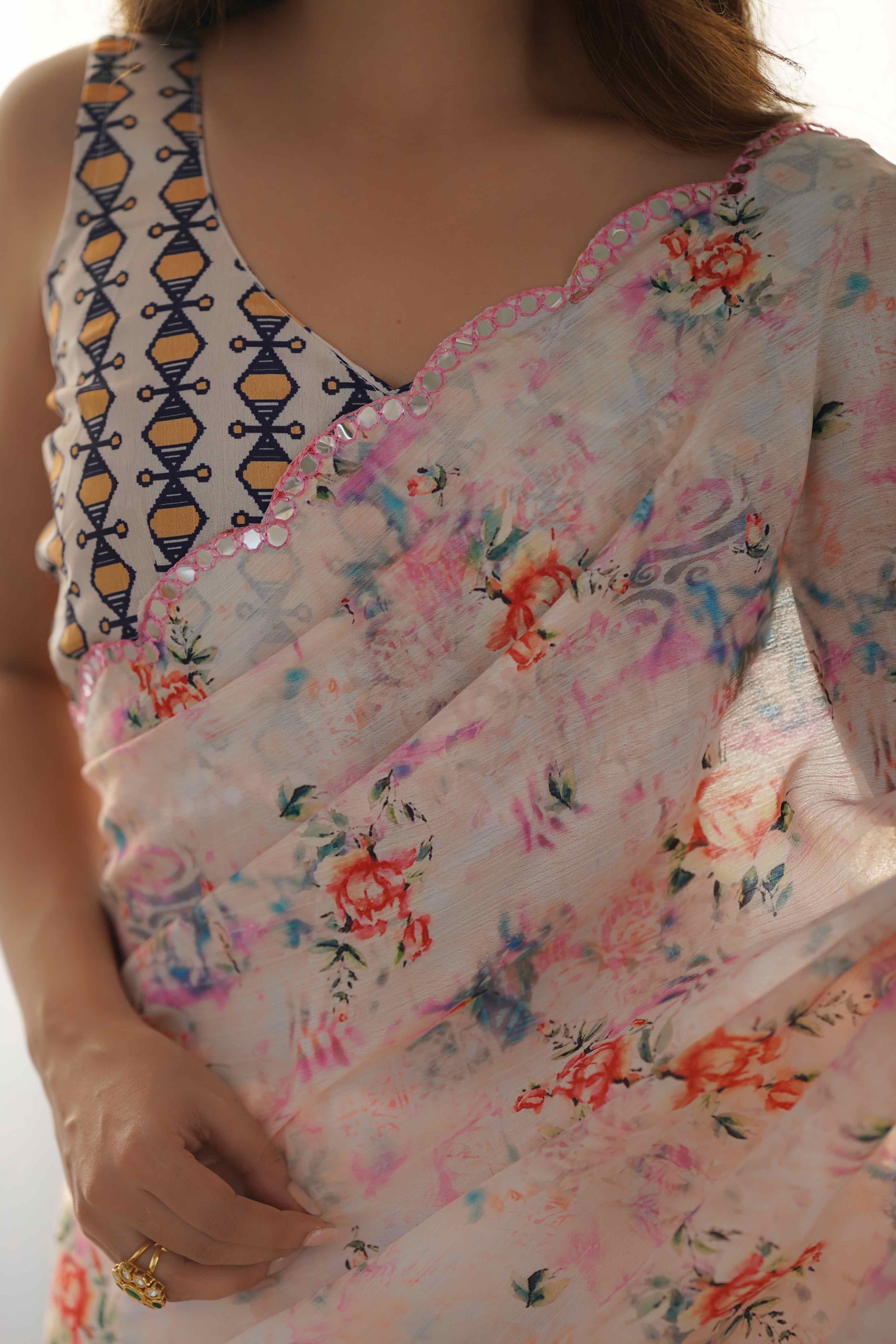 Peach Floral Printed Chinon Saree