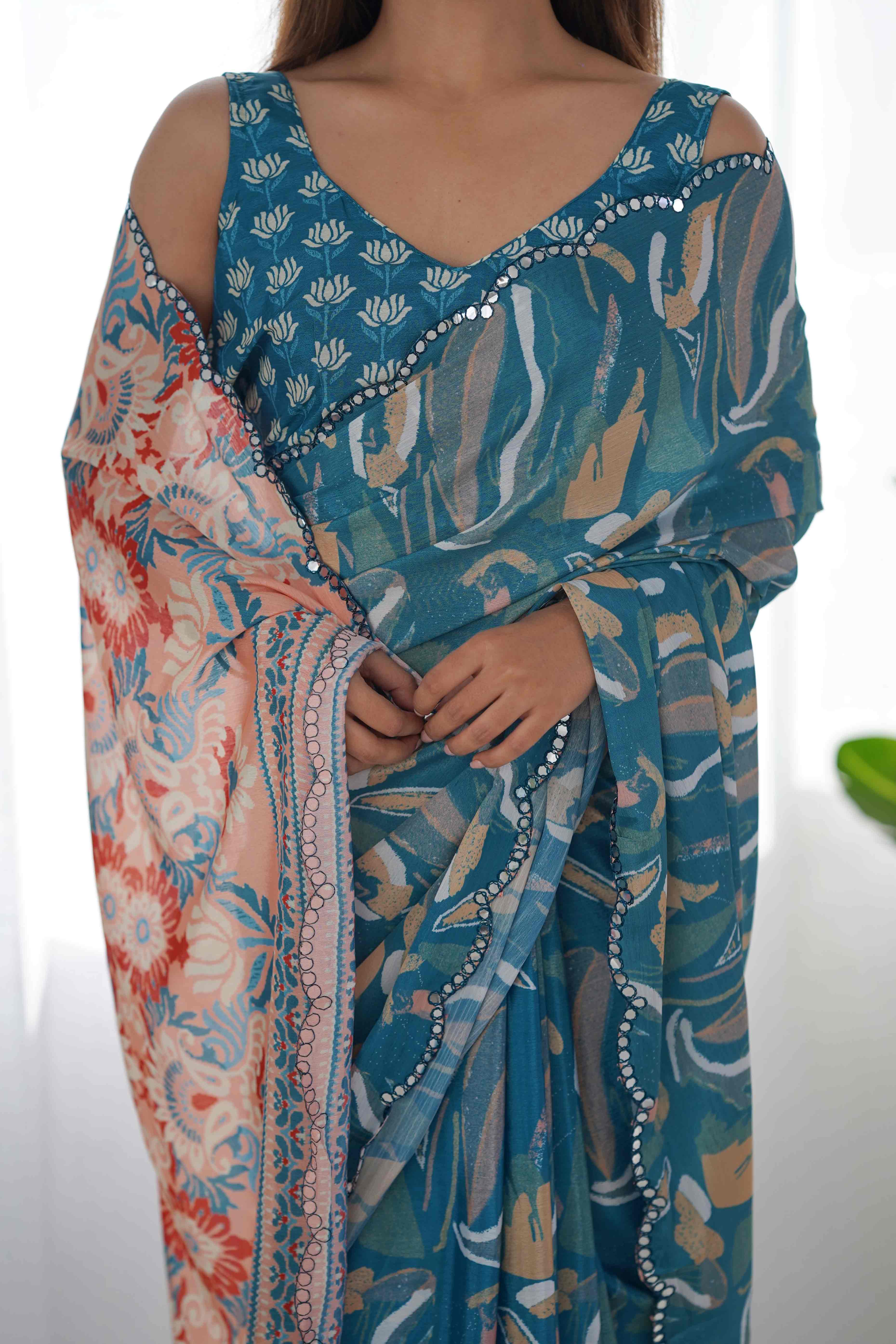 Light Teal Floral Printed Chinon Saree