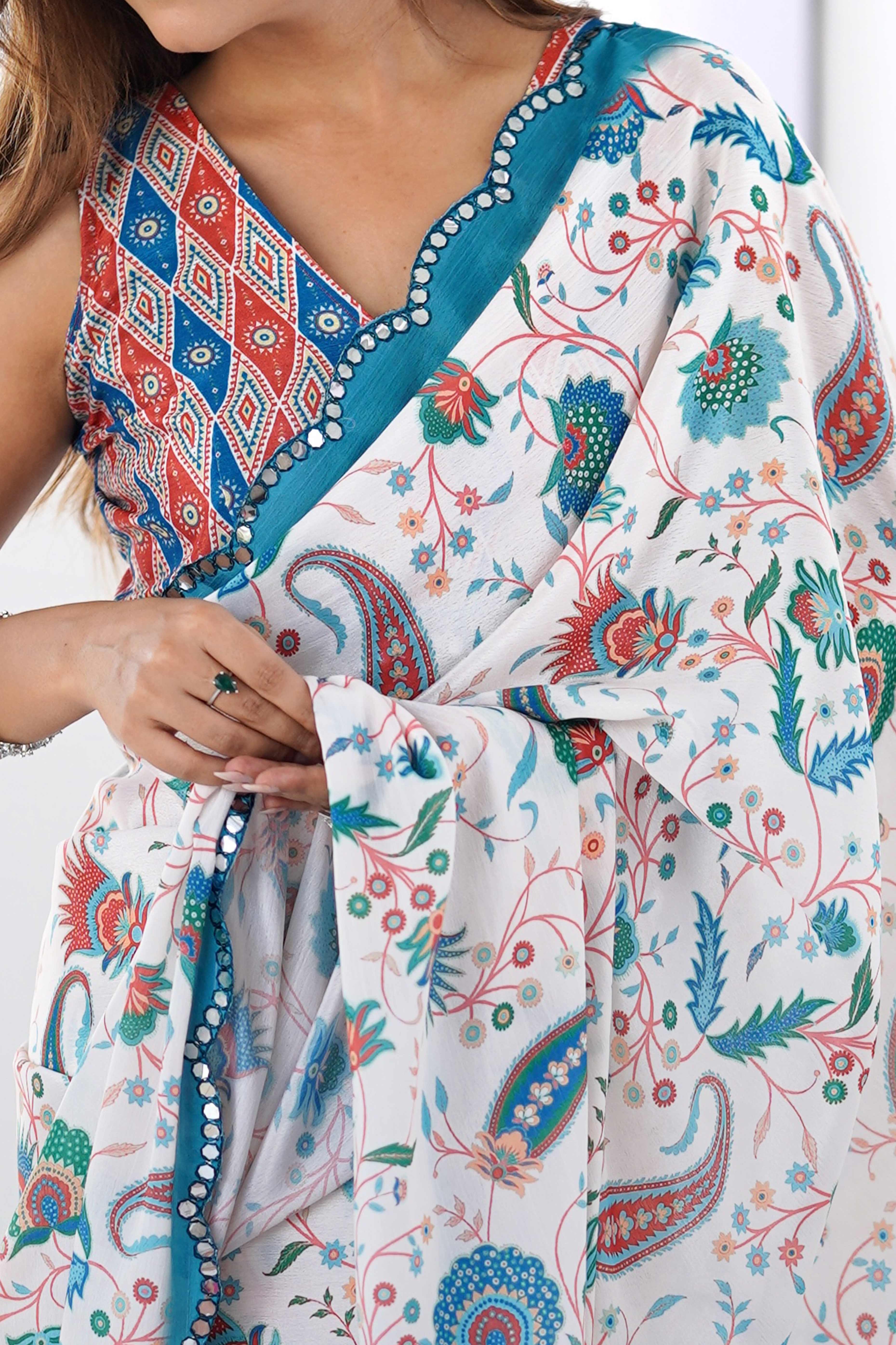 White Floral Printed Chinon Saree with Shimmering Mirror Detailing