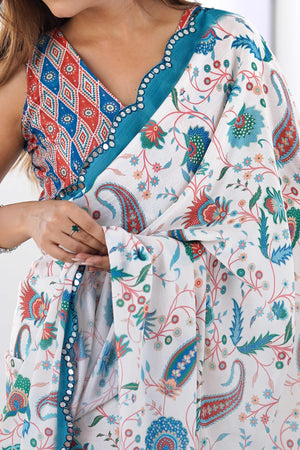 White Floral Printed Chinon Saree with Shimmering Mirror Detailing