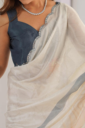 Off White Floral Printed Chinon Saree With Shimmering Mirror Detailing