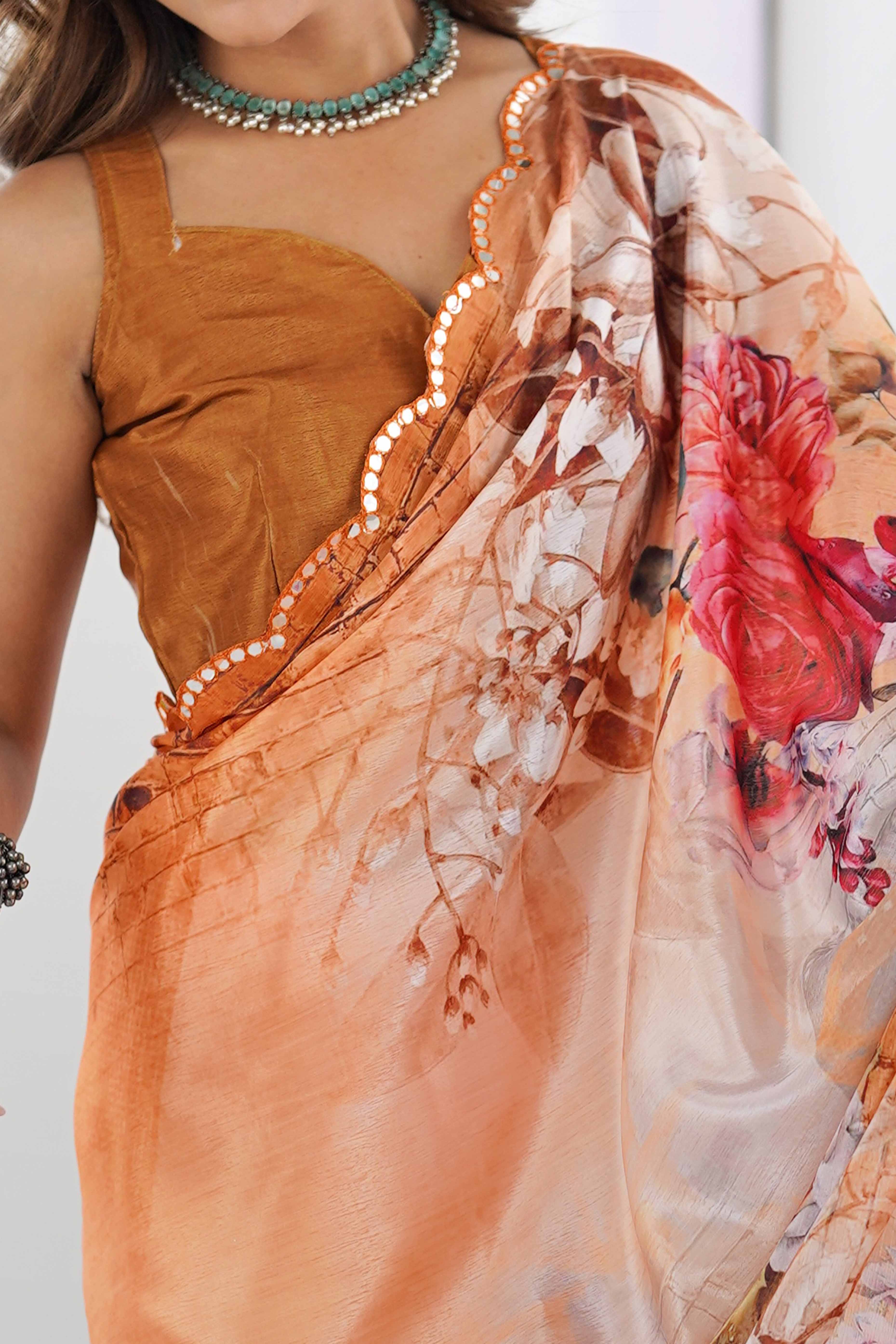 Orange Chinon Saree with Glimmering Mirror Work and Floral Prints