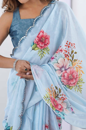 Sky Blue Chinon Saree with Glimmering Mirror Work and Floral Prints