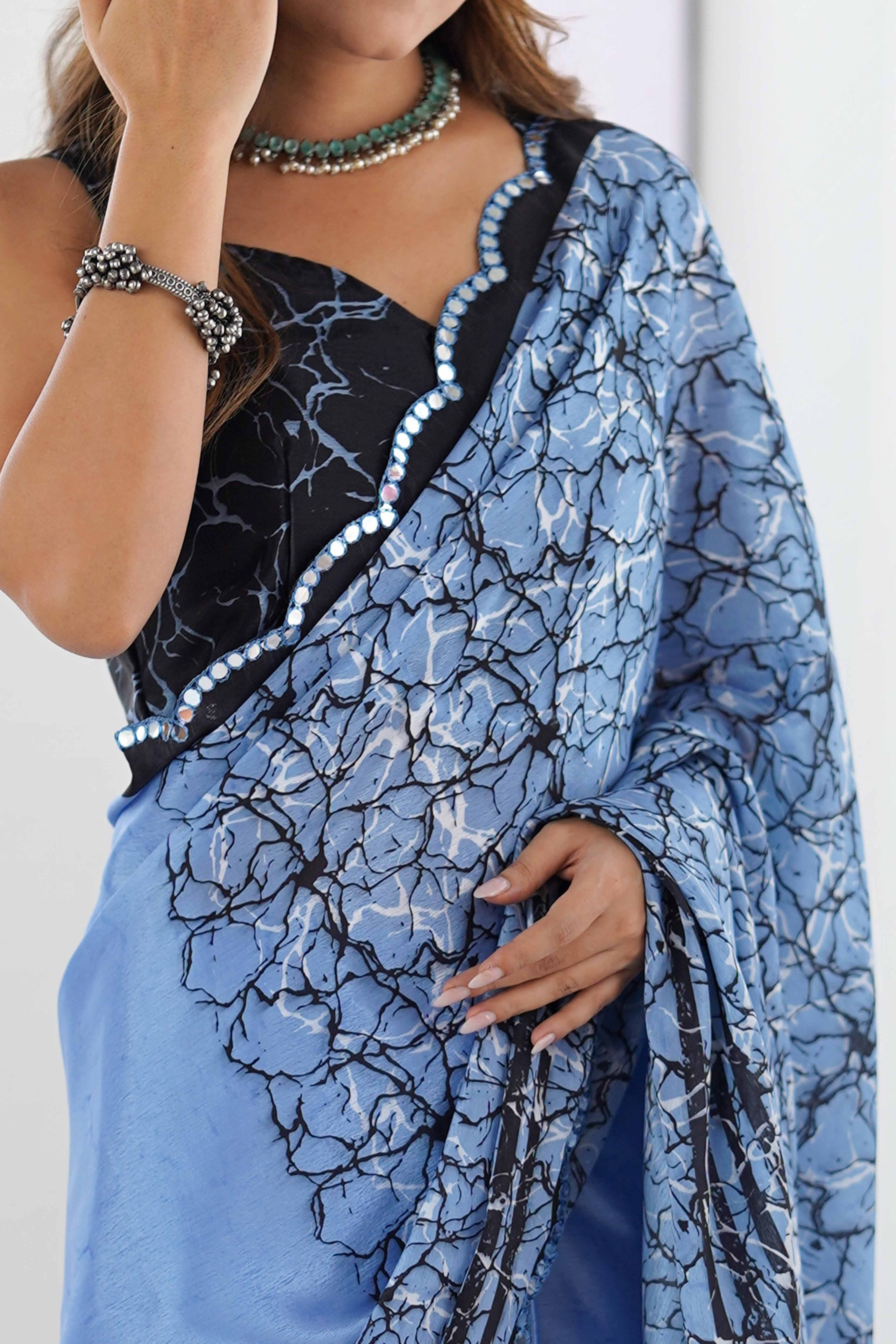Blue Chinon Saree with Glimmering Kutchi Mirror Work and Print