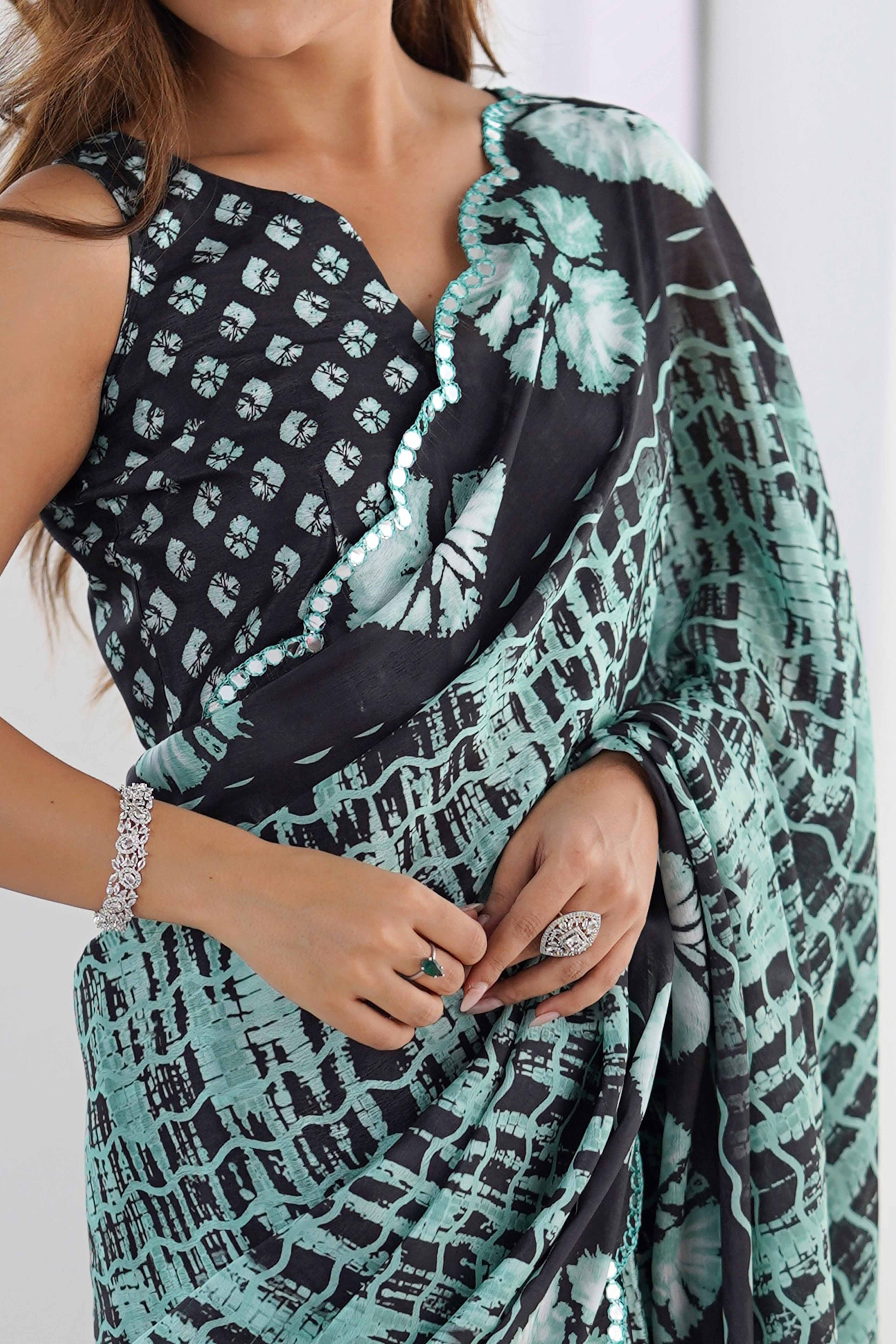 Sea Green & Black Chinon Saree with Glimmering Kutchi Mirror Work and Print