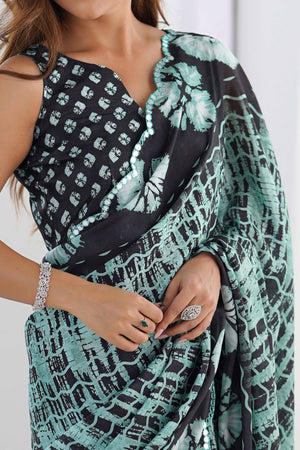 Sea Green & Black Chinon Saree with Glimmering Kutchi Mirror Work and Print