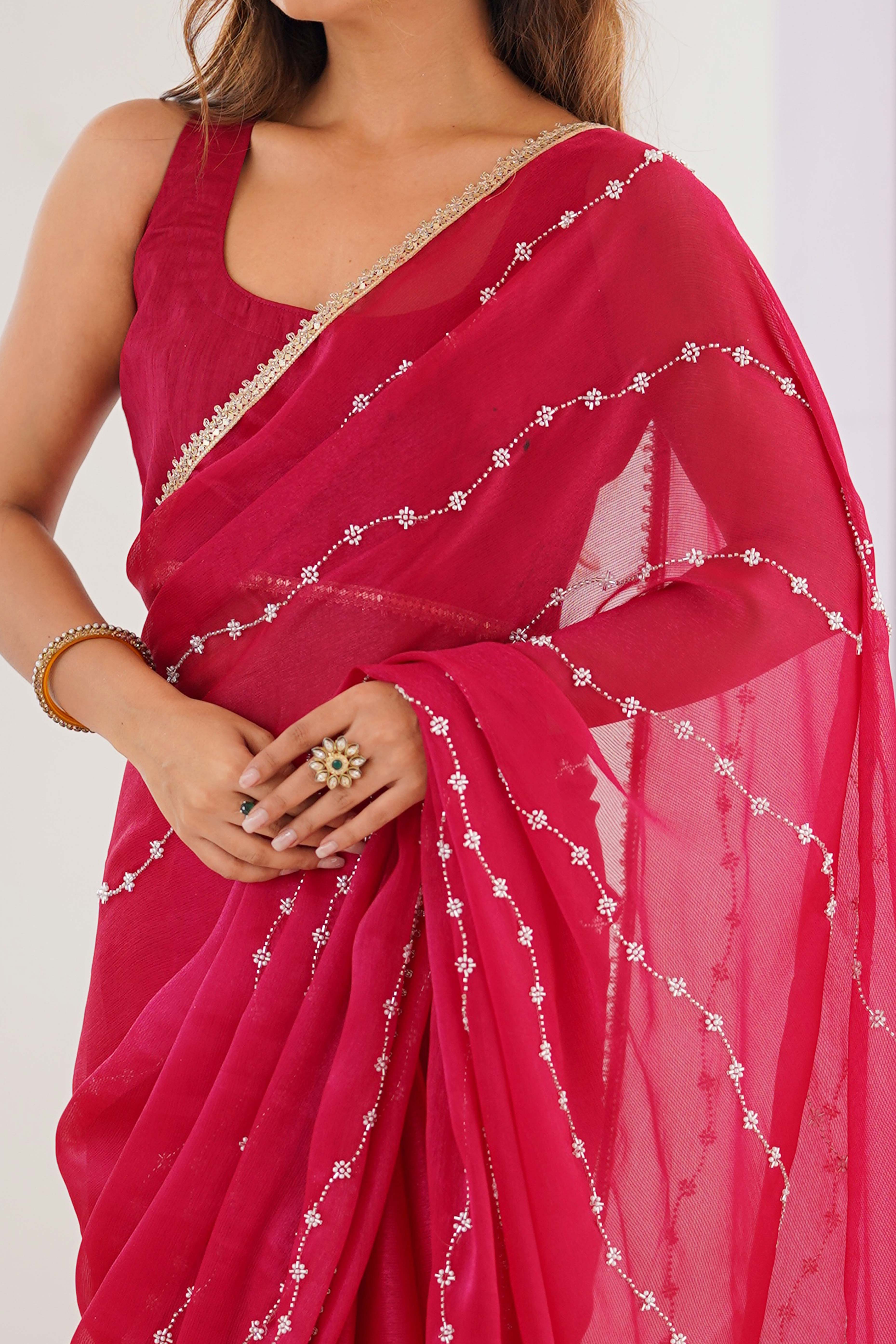 Pink Embellished Organza Saree With Delicate Linear Beads & Stones detailing