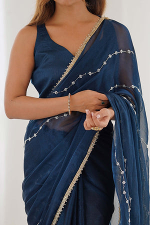 Blue Embellished Organza Saree With Delicate Linear Beads & Stones detailing