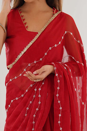 Red Embellished Organza Saree With Delicate Linear Beads & Stones detailing