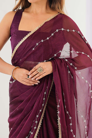 Wine Embellished Organza Saree With Delicate Linear Beads & Stones detailing