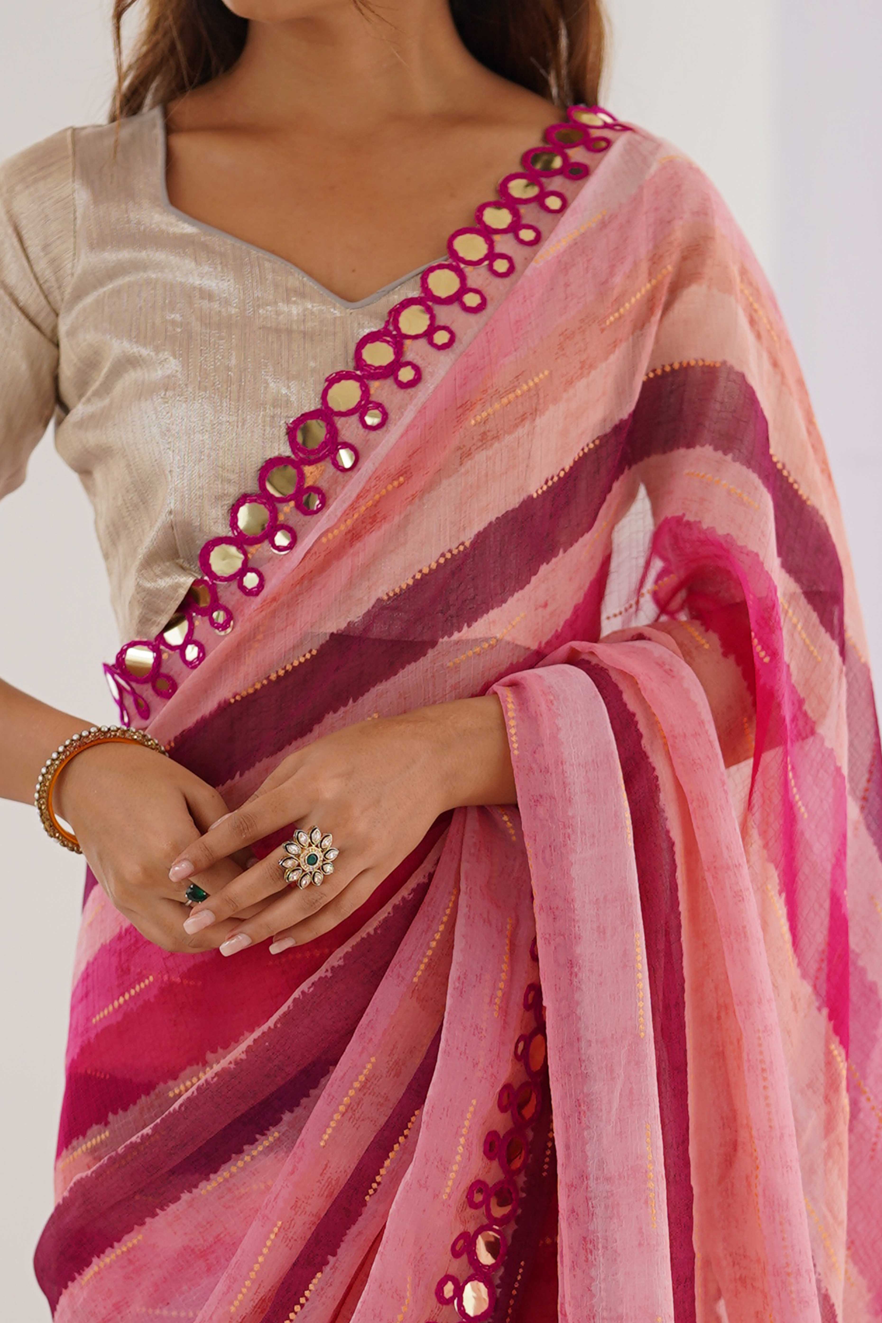 Soft Chiffon Pink Saree Featuring Classic Leheriya and Mirror Work Edges