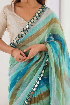 Soft Chiffon Turquoise Saree Featuring Classic Leheriya and Mirror Work Edges