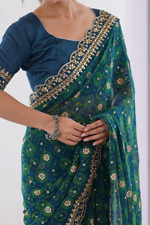 Soft Georgette Blue Saree with Playful Print and Delicate Sequin Lace Work