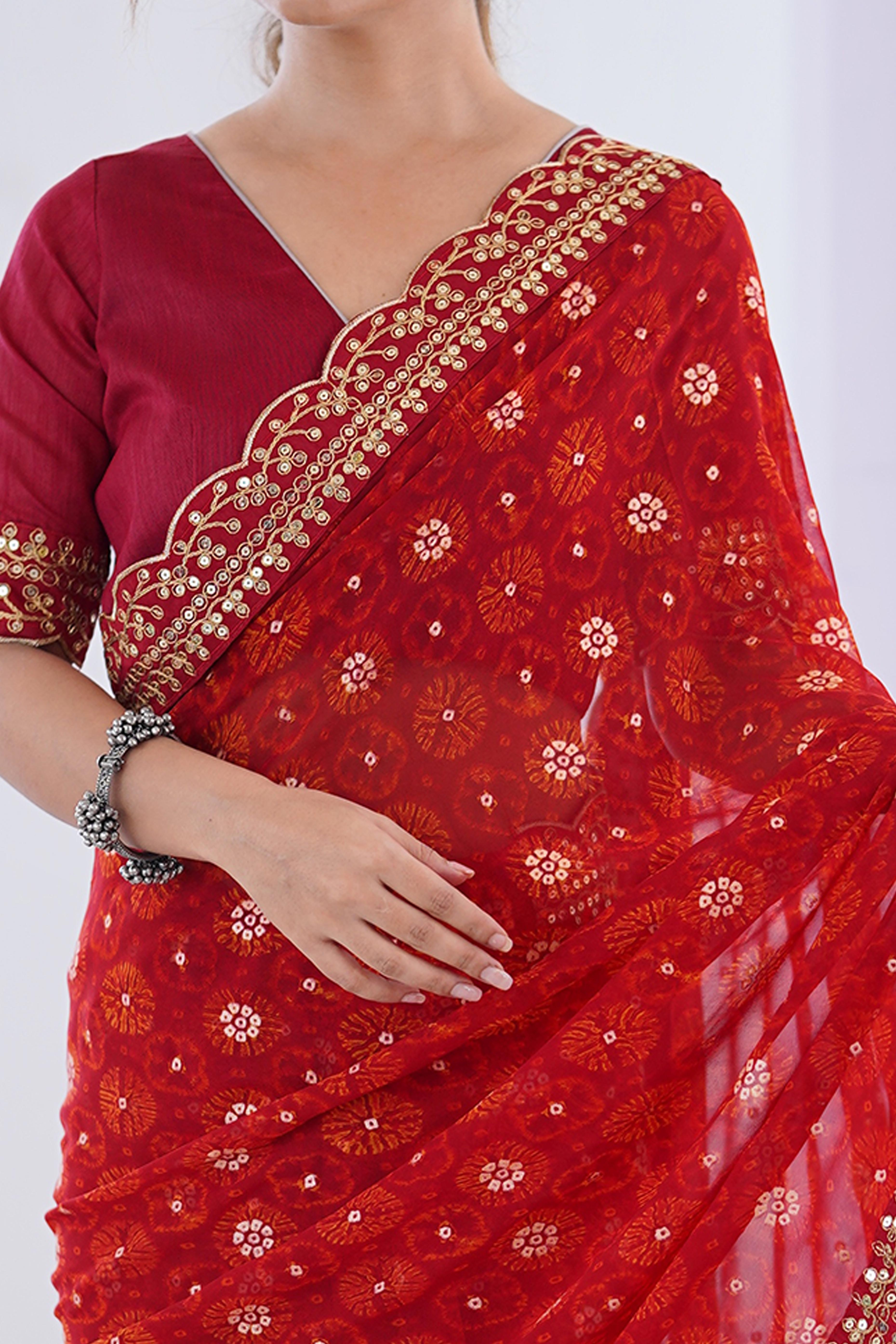 Soft Georgette Red Saree with Playful Print and Delicate Sequin Lace Work