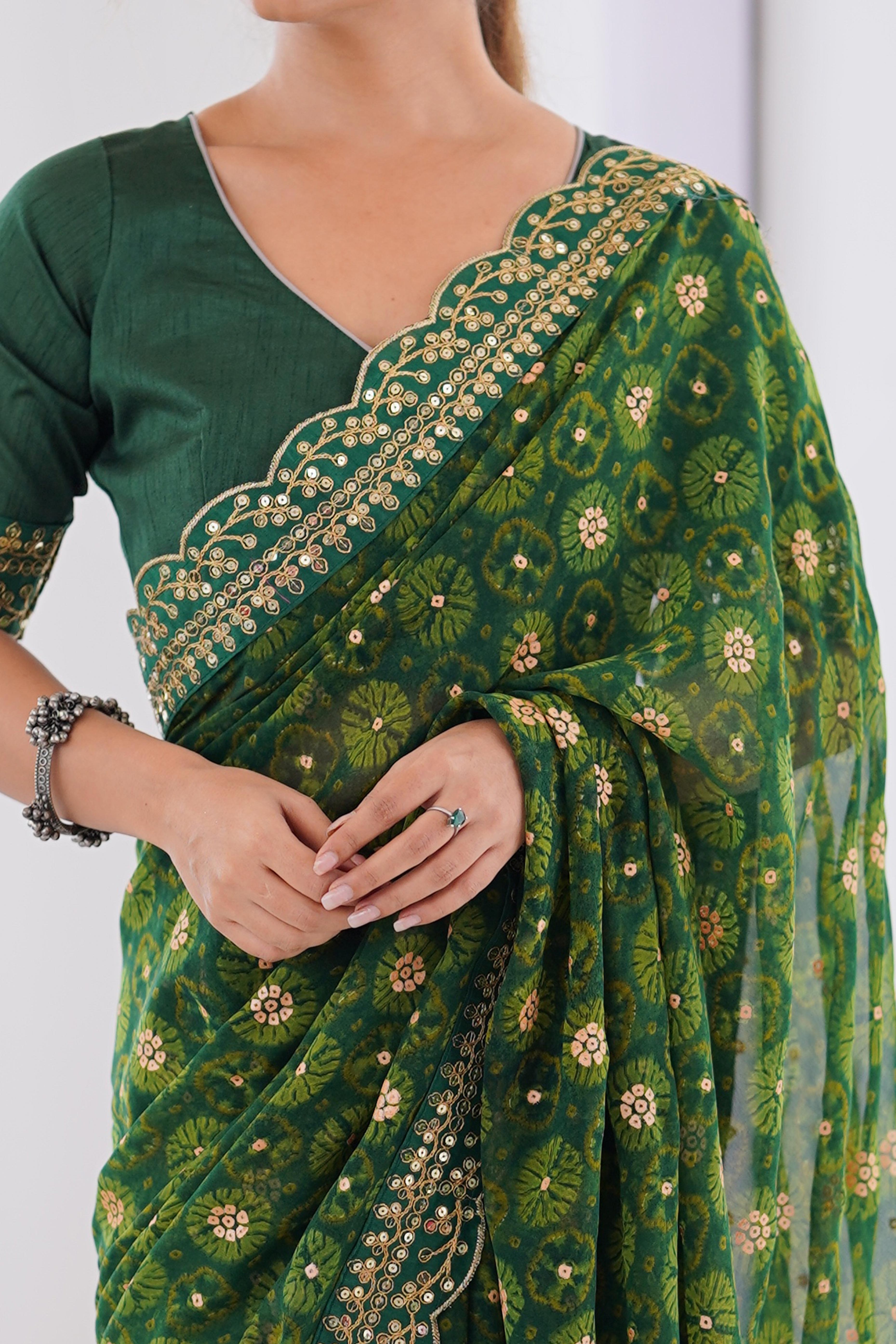 Soft Georgette Green Saree with Playful Print and Delicate Sequin Lace Work