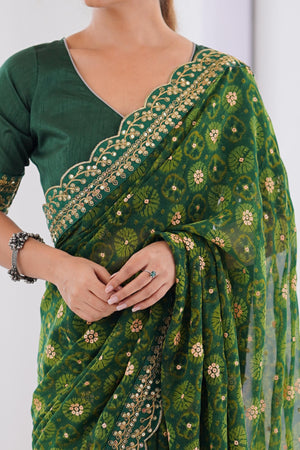 Soft Georgette Green Saree with Playful Print and Delicate Sequin Lace Work