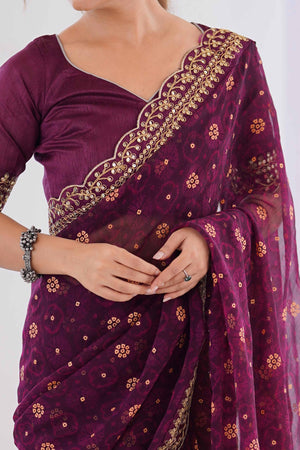 Soft Georgette Wine Saree with Playful Print and Delicate Sequin Lace Work