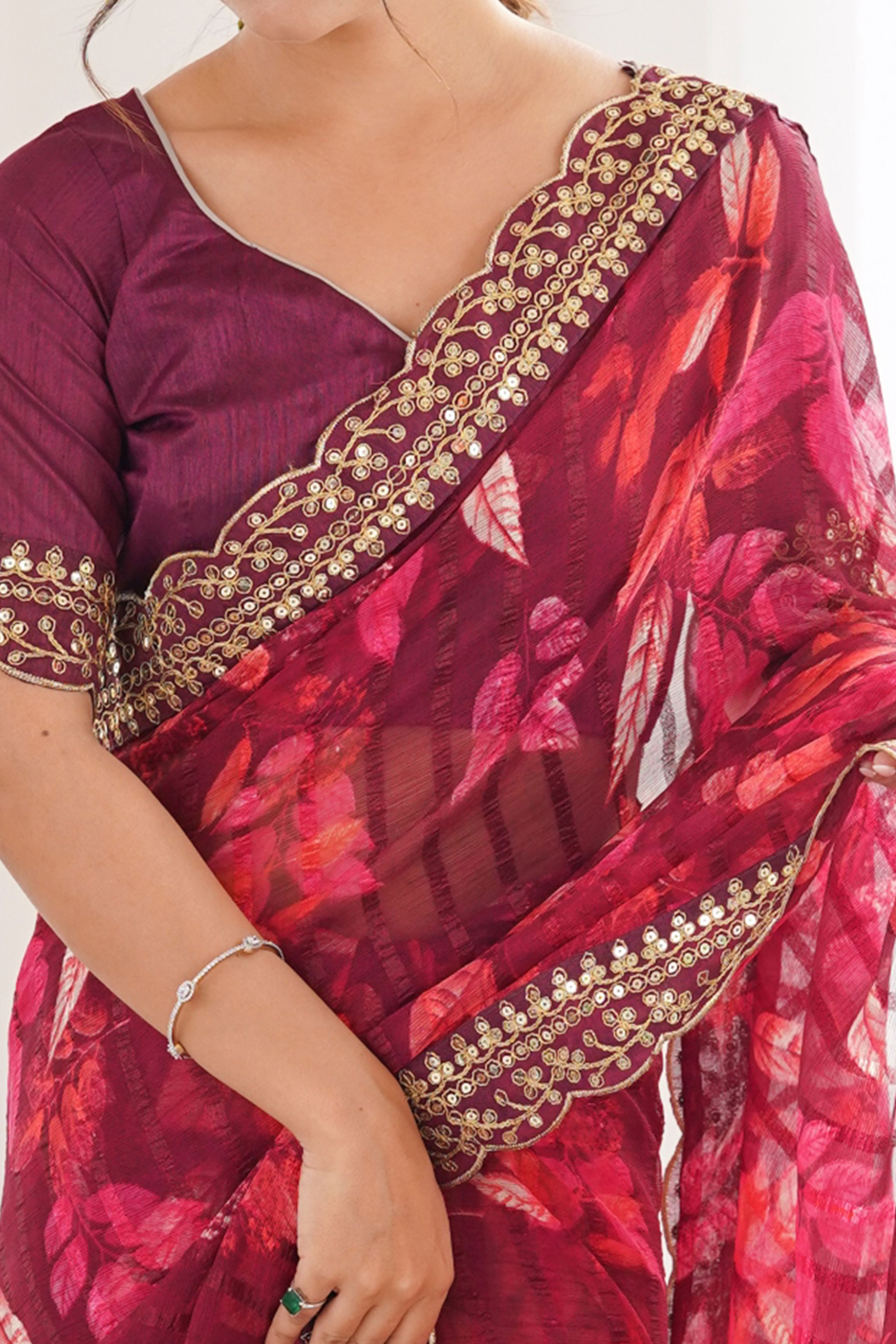 Elegant Wine Leaf & Floral Print Georgette Saree With Intricate Cording Sequins Embroidery Border