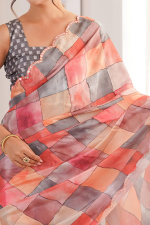 Vibrant Multicolor Checks Digital Printed Chinon Saree Accented With Elegant Embroidered Border