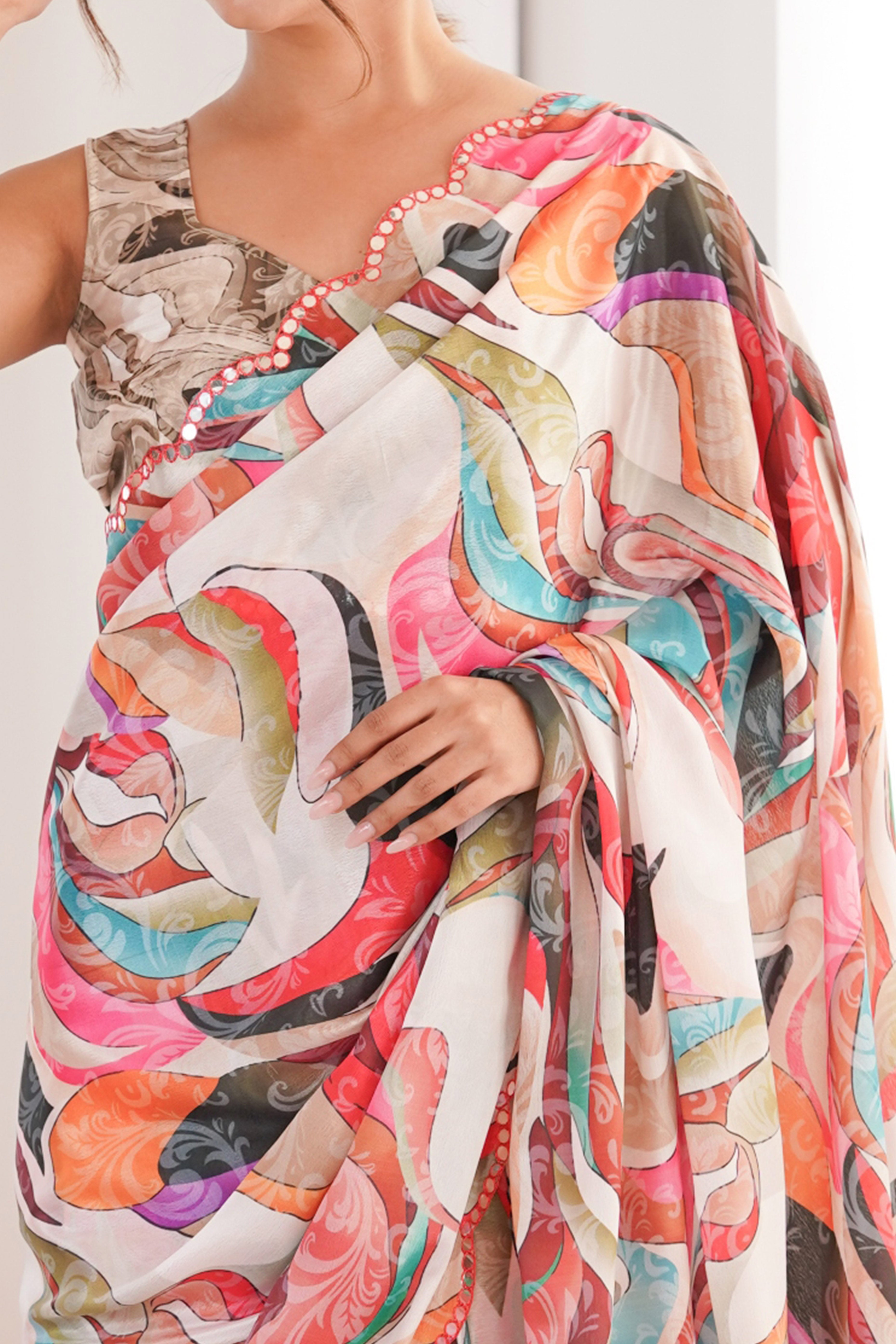 Stylish Multicolor Digital Printed Chinon Saree Enhanced With Premium Embroidered Border Work