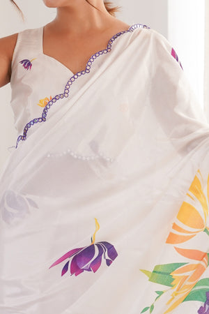 Classic White Floral Digital Print Chinon Saree Featuring Artful Embroidered Border Detailing