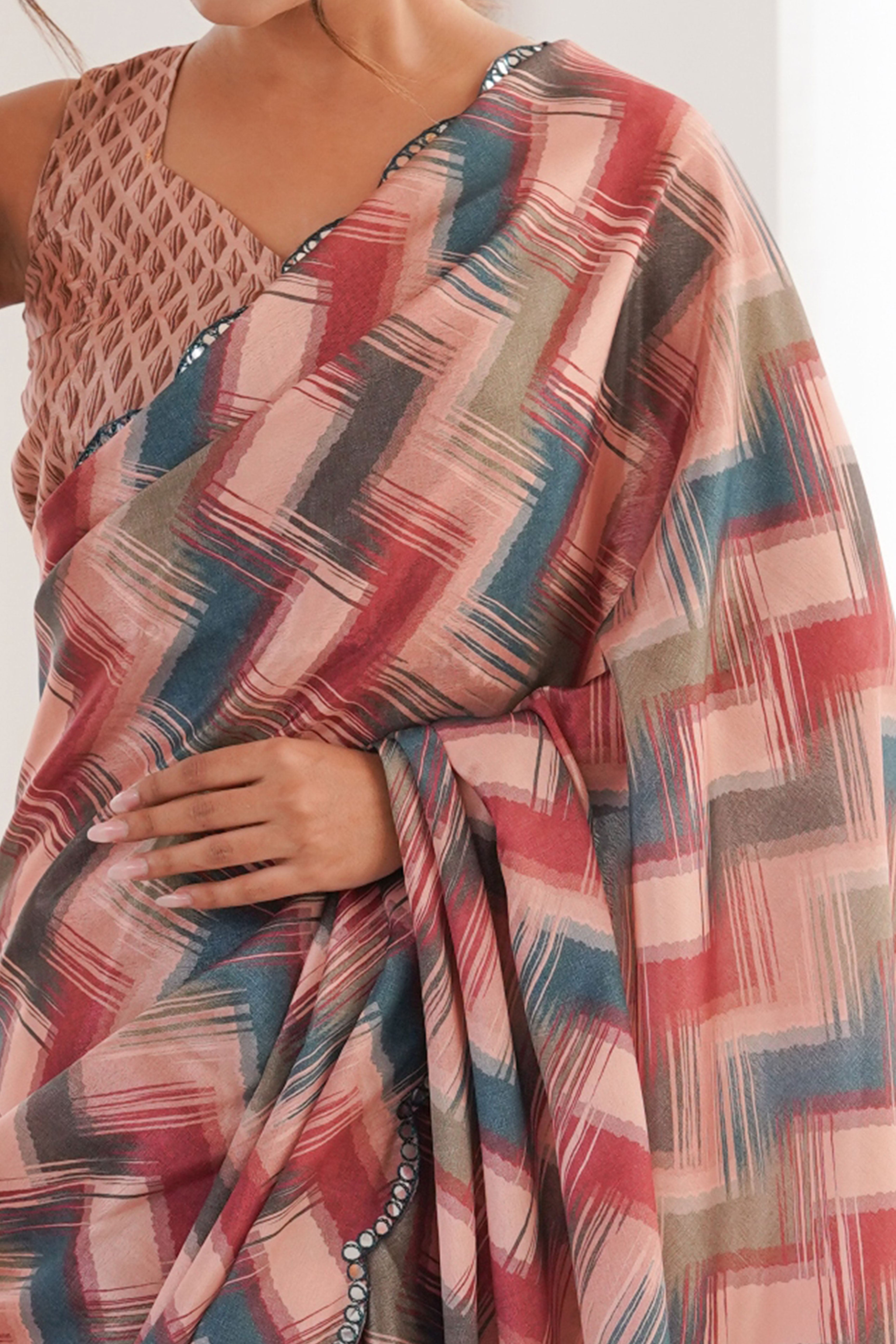 Vibrant Multicolor Ikkat Digital Printed Chinon Saree Accented With Elegant Embroidered Border Work