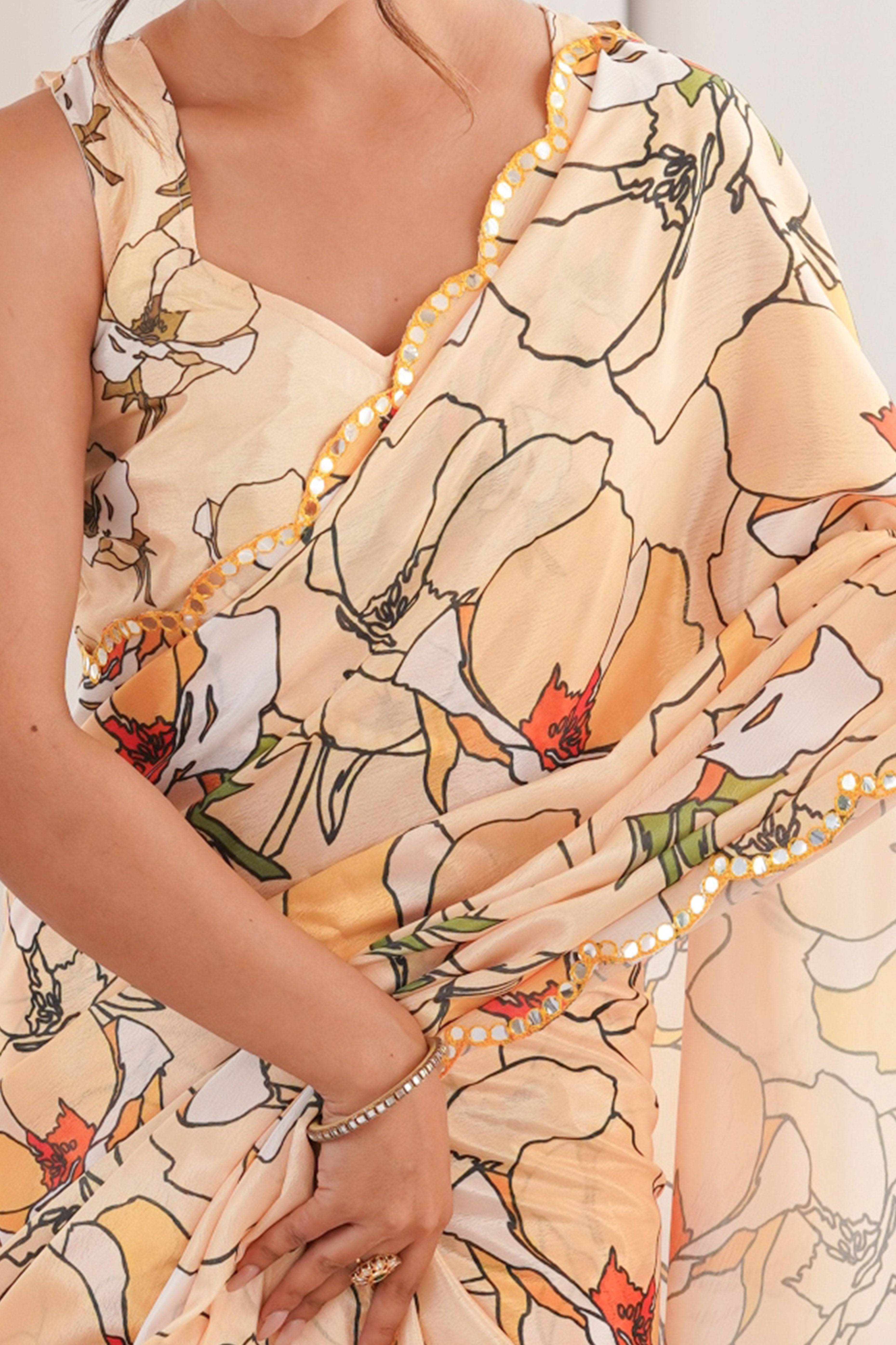 Contemporary Cream Floral Digital Printed Chinon Saree Showcasing Fine Embroidered Border Detailing