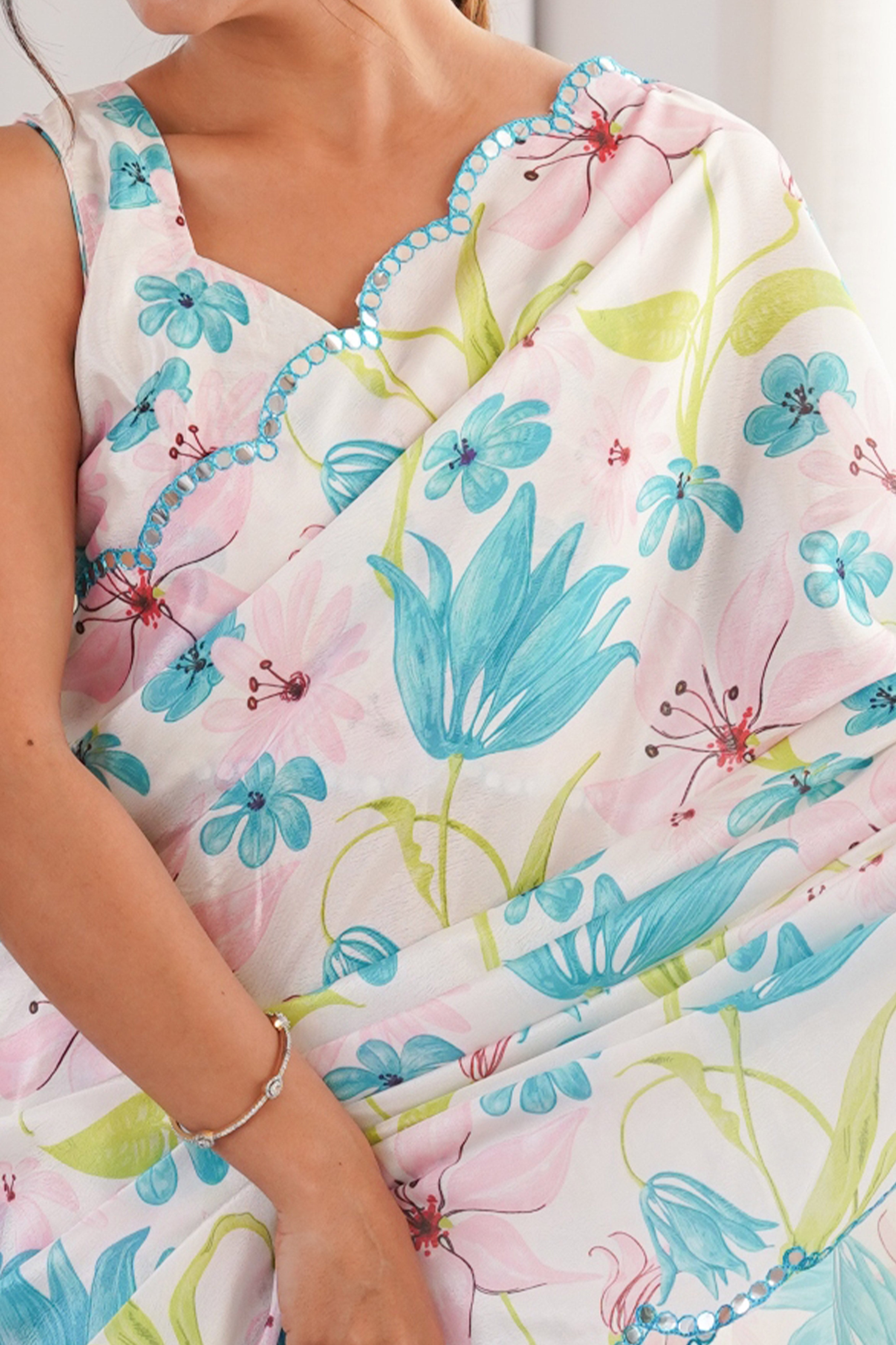 Opulent White Floral Digital Printed Chinon Saree Enhanced With Premium Embroidered Border