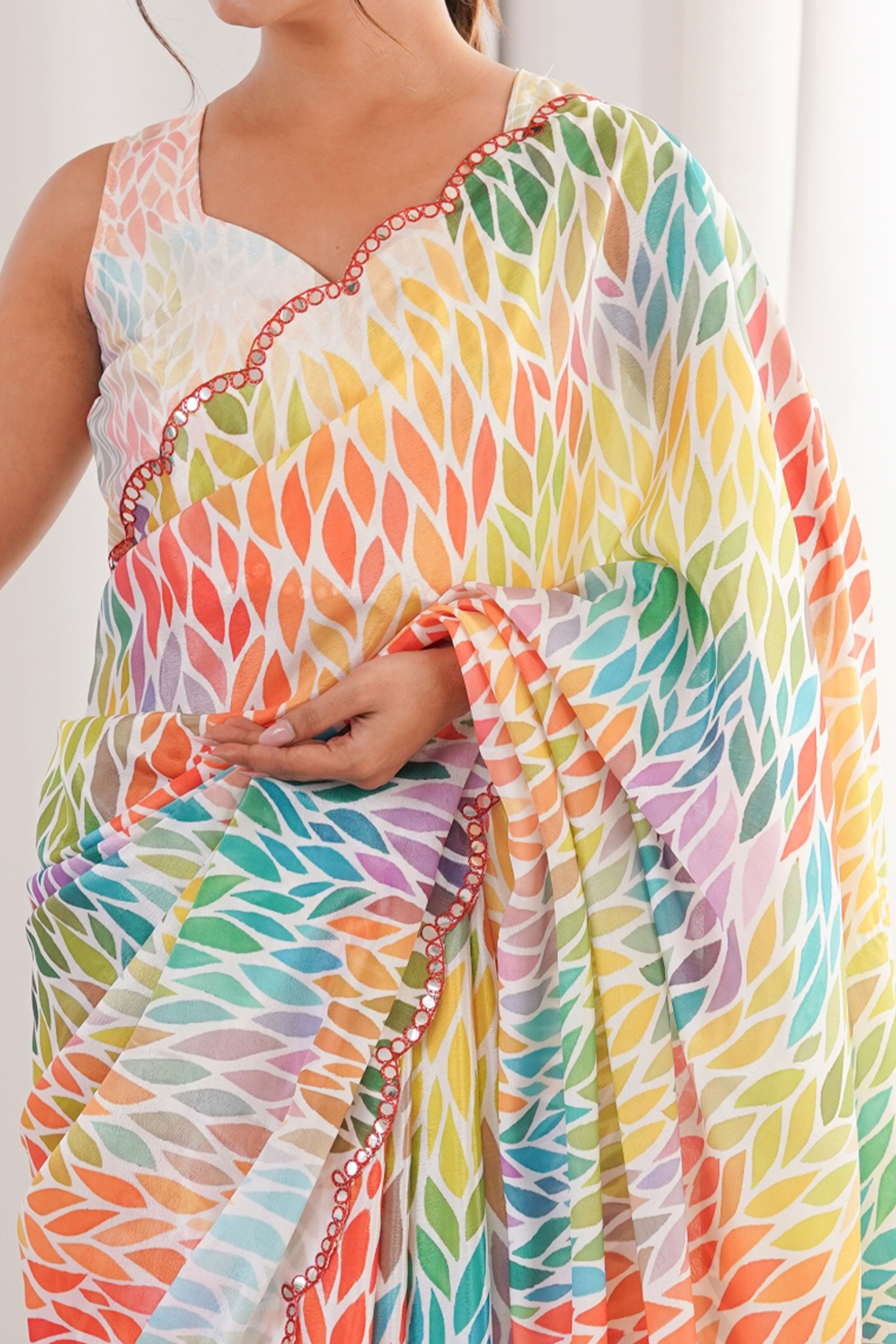Timeless Multicolor Digital Printed Chinon Saree Enhanced With Fine Embroidered Border Accents
