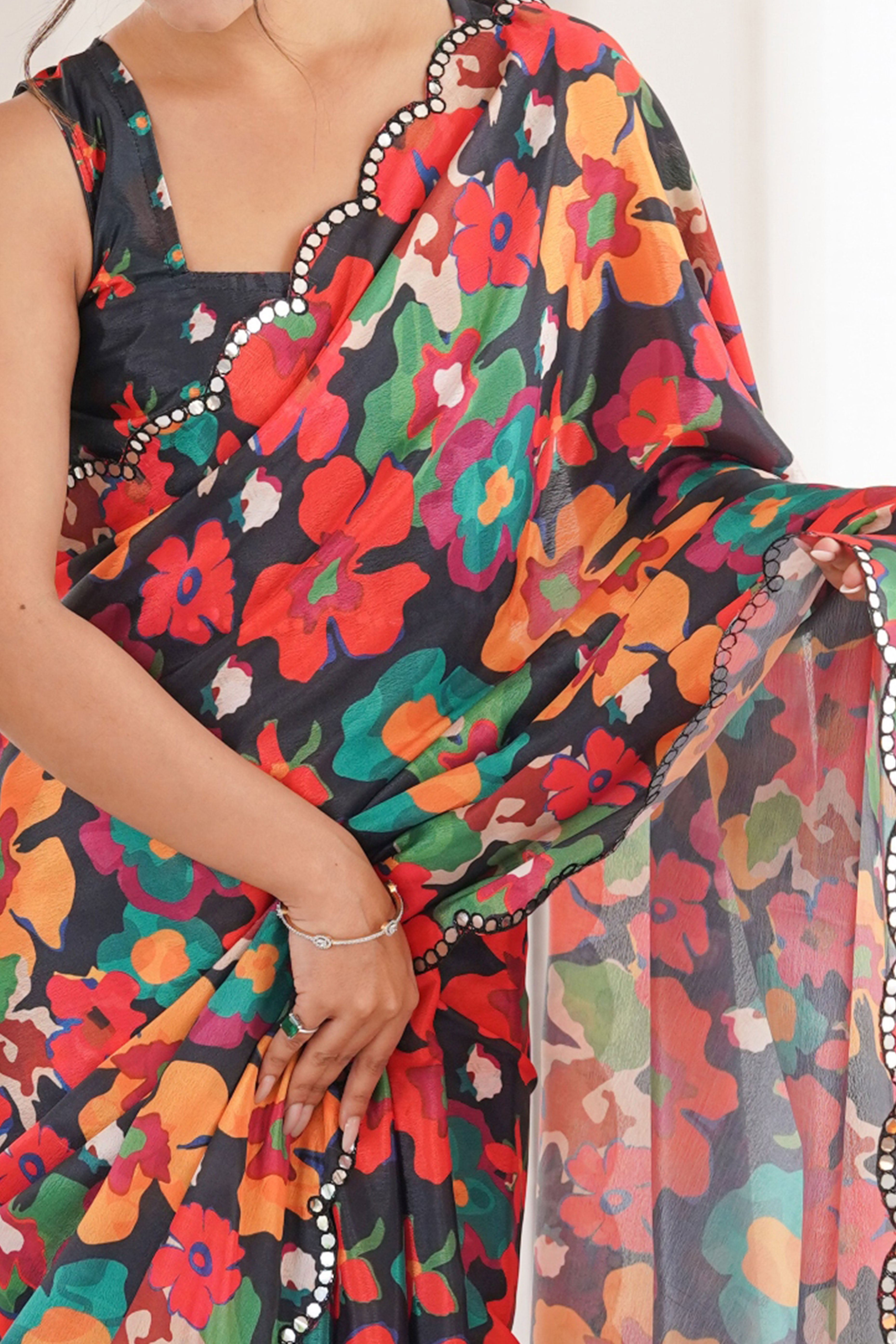 Contemporary Multicolor Floral Digital Printed Chinon Saree With Fine Embroidered Border