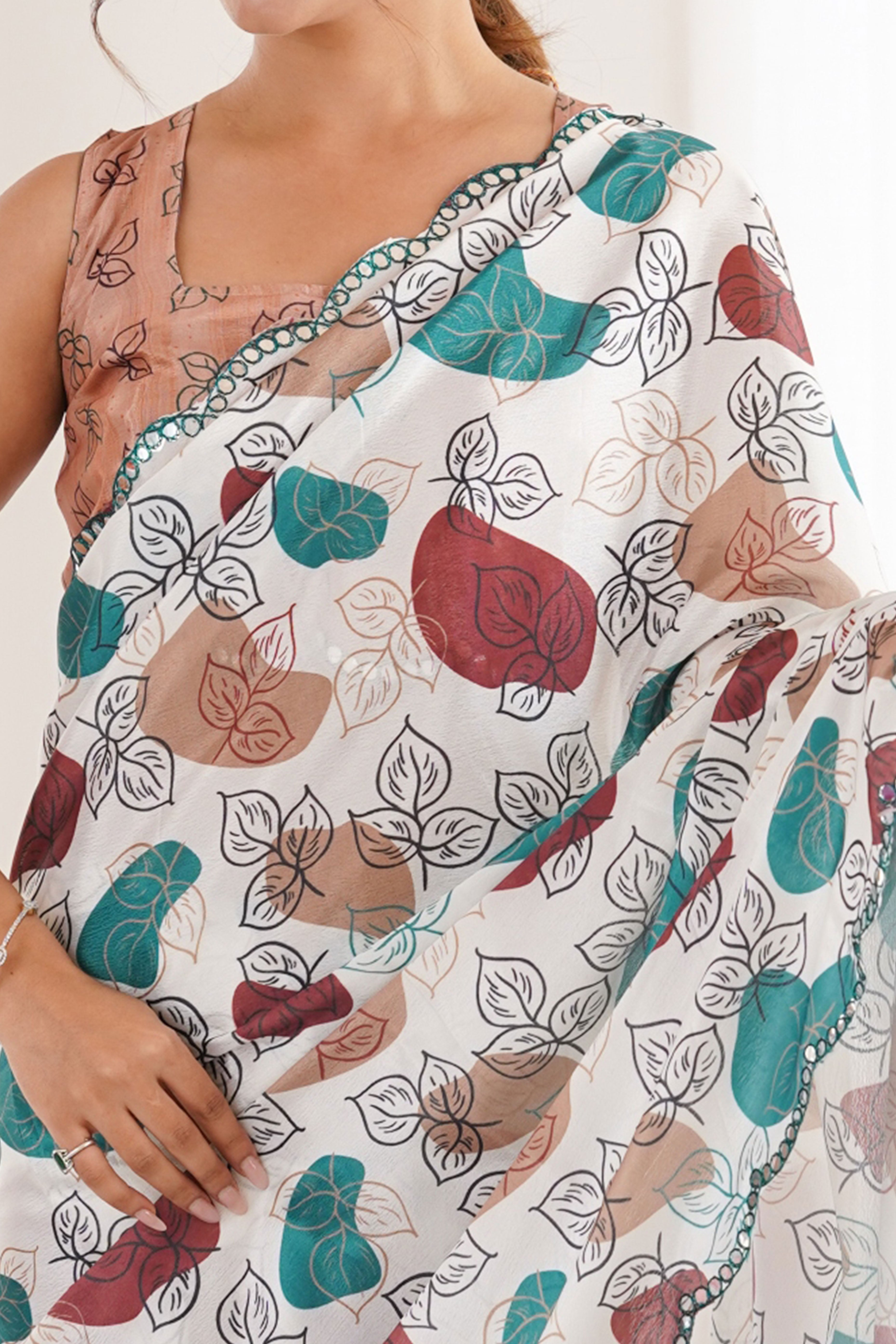 Ethereal White Leaf Digital Printed Chinon Saree Accented By Elegant Finished Embroidered Border