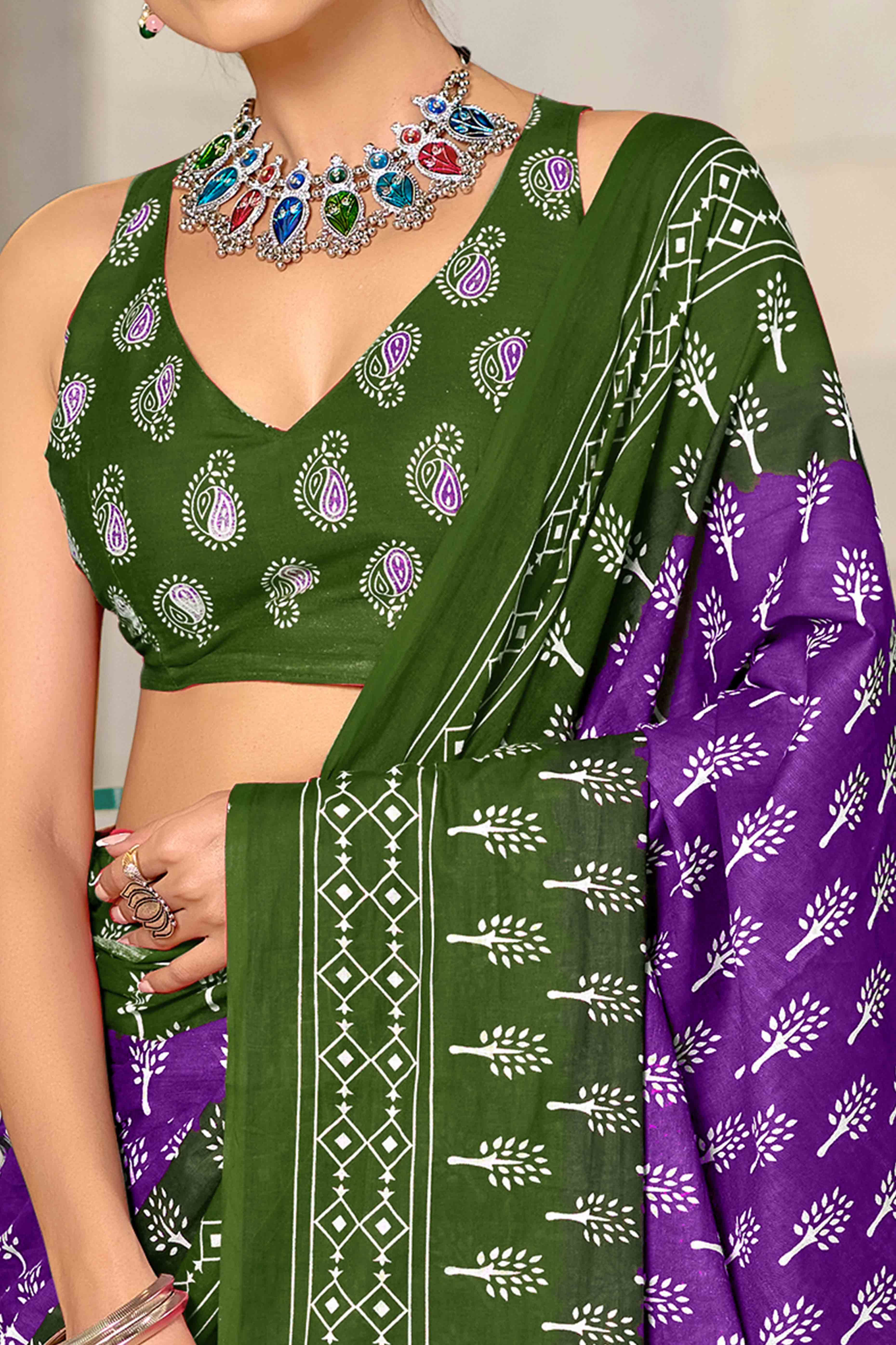 Fresh Green & Purple Soft Cotton Saree with All-Over Floral Prints