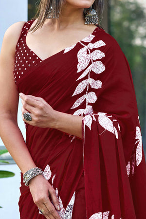 Maroon Cotton Saree with Authentic Bagru Block Print