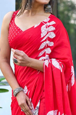 Pink Pure Cotton Saree with Ethnic Bagru Print Work