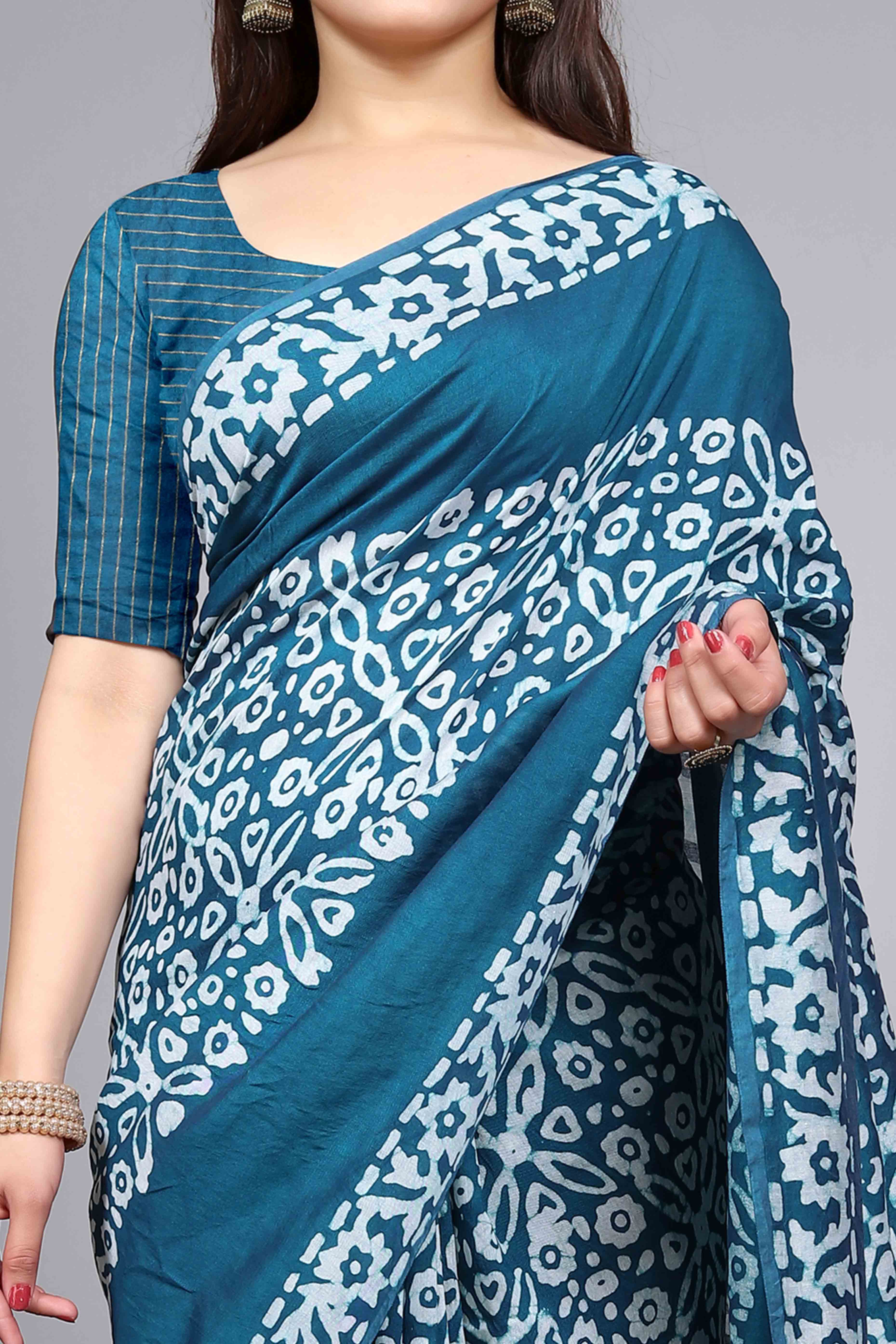 Morpich Blue Floral Printed Chanderi Cotton Silk Lagdi patta Saree
