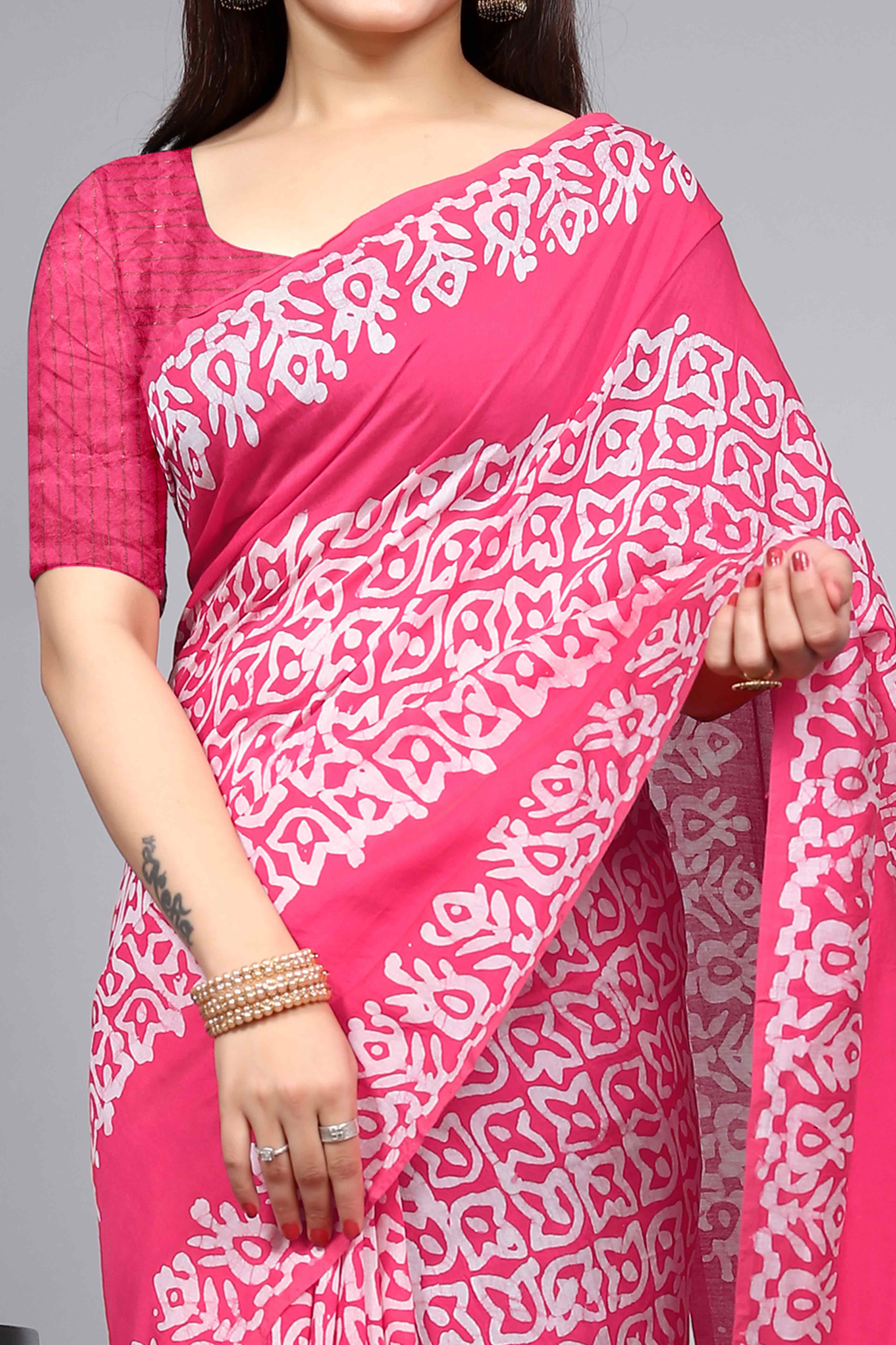 Pink Floral Printed Chanderi Cotton Silk Lagdi patta Saree