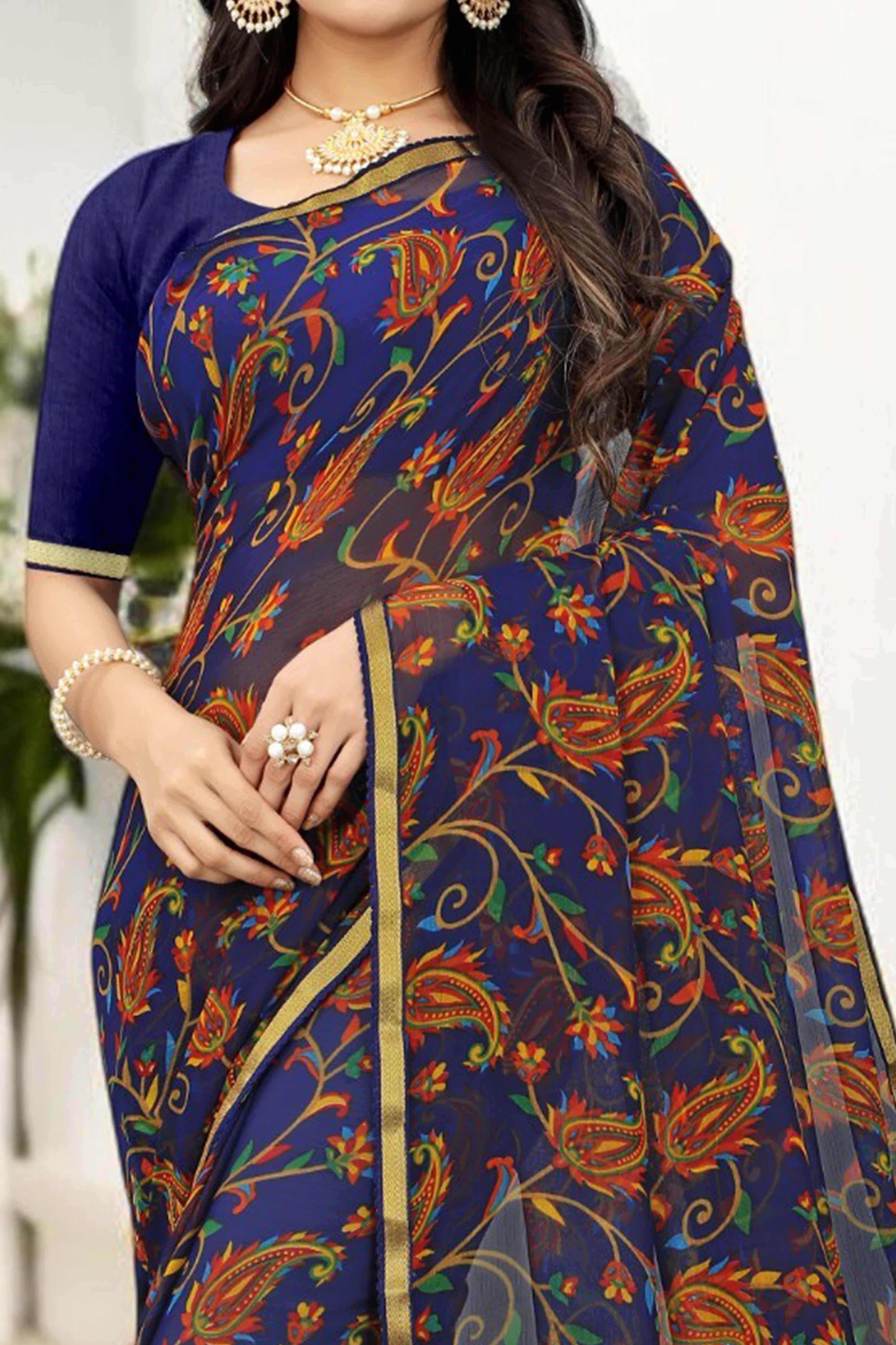 Blue Printed Chiffon Saree With Lace Border