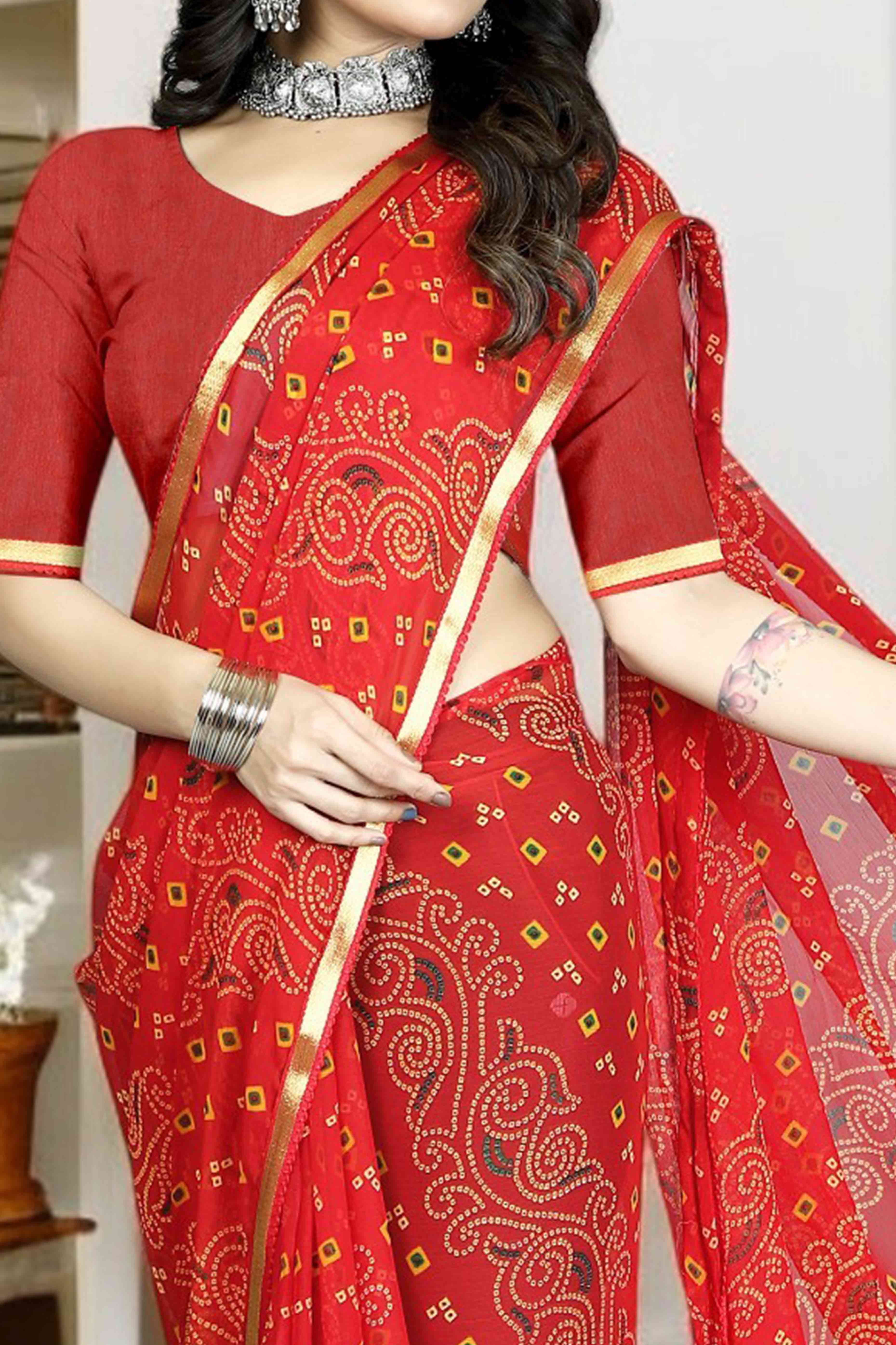 Red Bandhani Printed Chiffon Saree With Lace Border