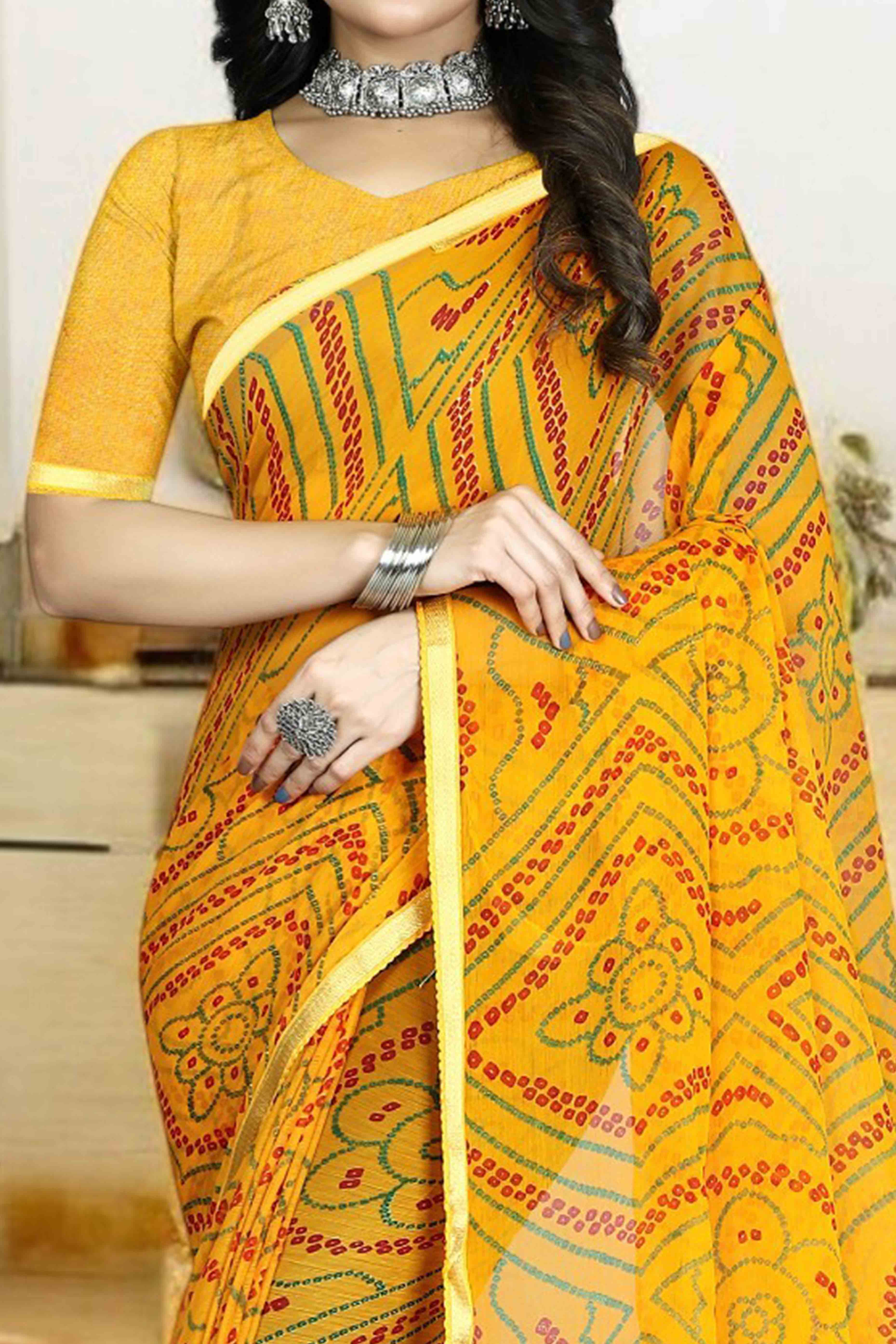 Mustard Bandhani Printed Chiffon Saree With Lace Border