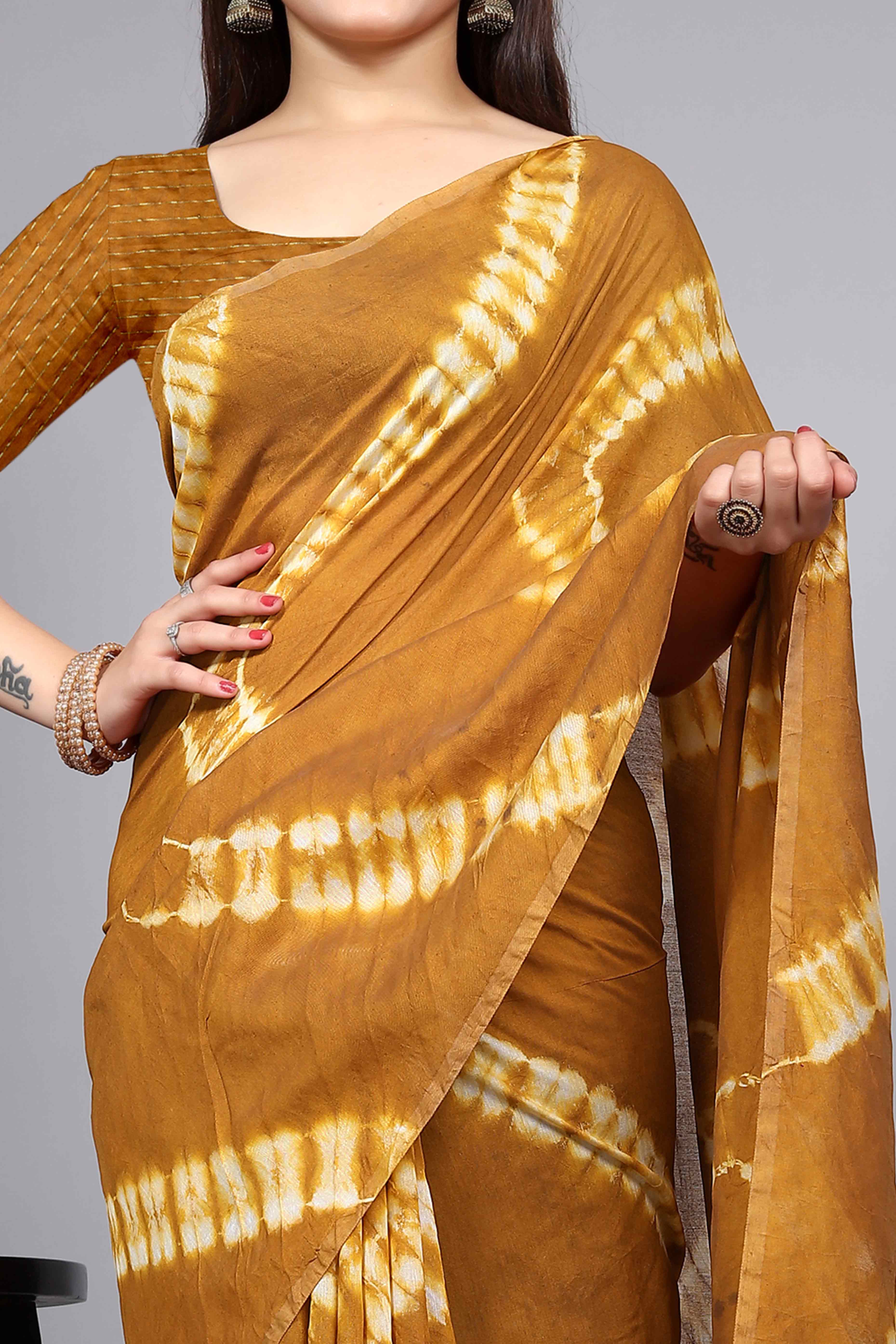 Mustard Shibori Leheriya Printed Chanderi Cotton Silk Lagdi Patta Saree