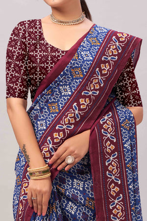 Blue Ajrakh Printed Cotton Blend Saree