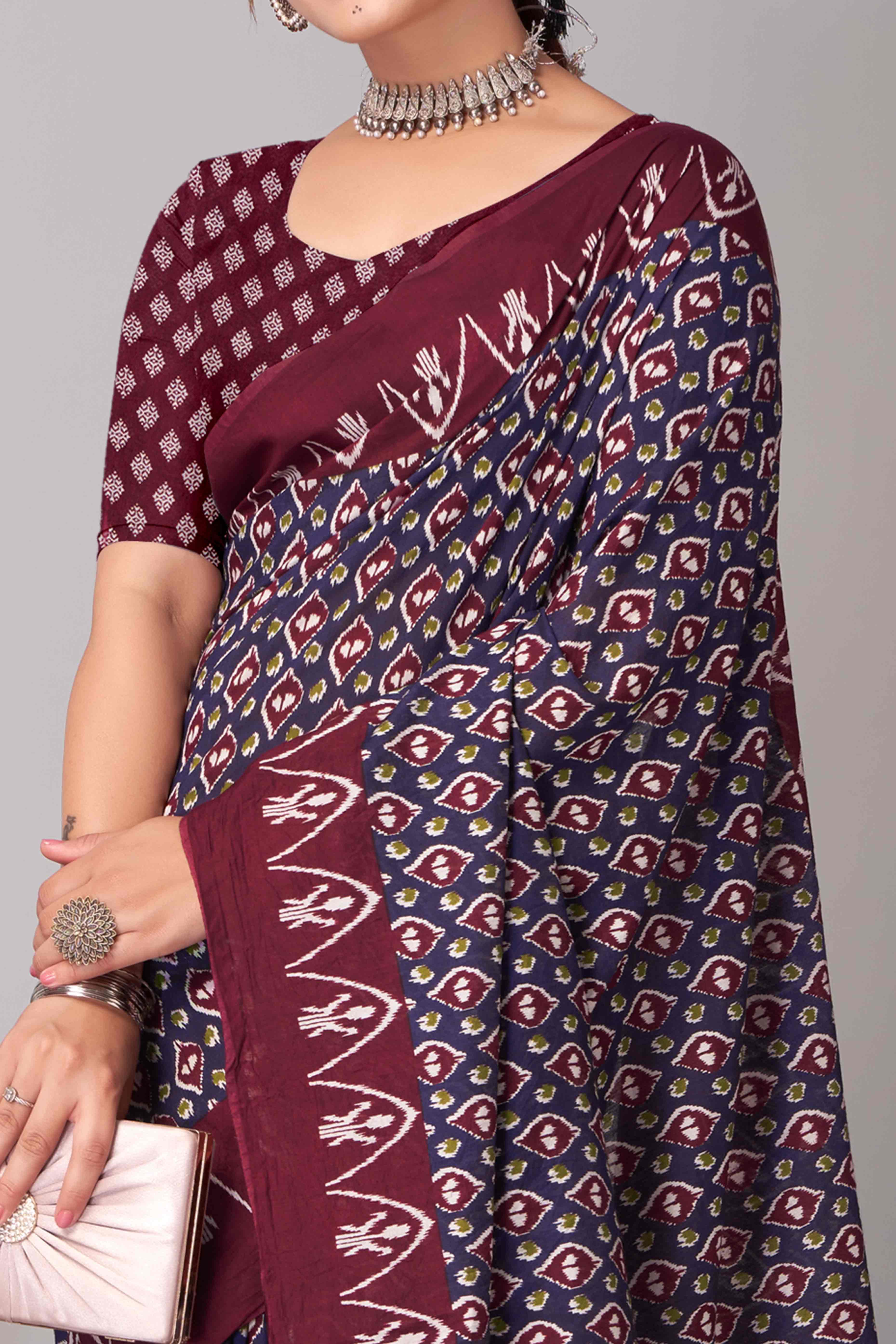 Blue & Maroon Ajrakh Printed Cotton Blend Saree